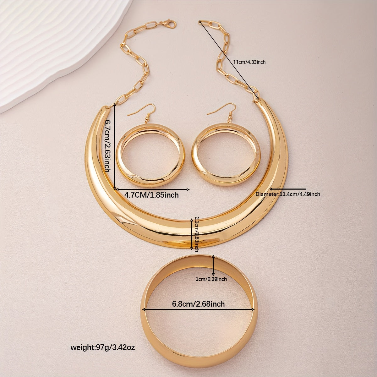 Set di gioielli alla moda urban chic - Collana, bracciale e orecchini a cerchio in lega di stile semplice per abbigliamento quotidiano e da festa