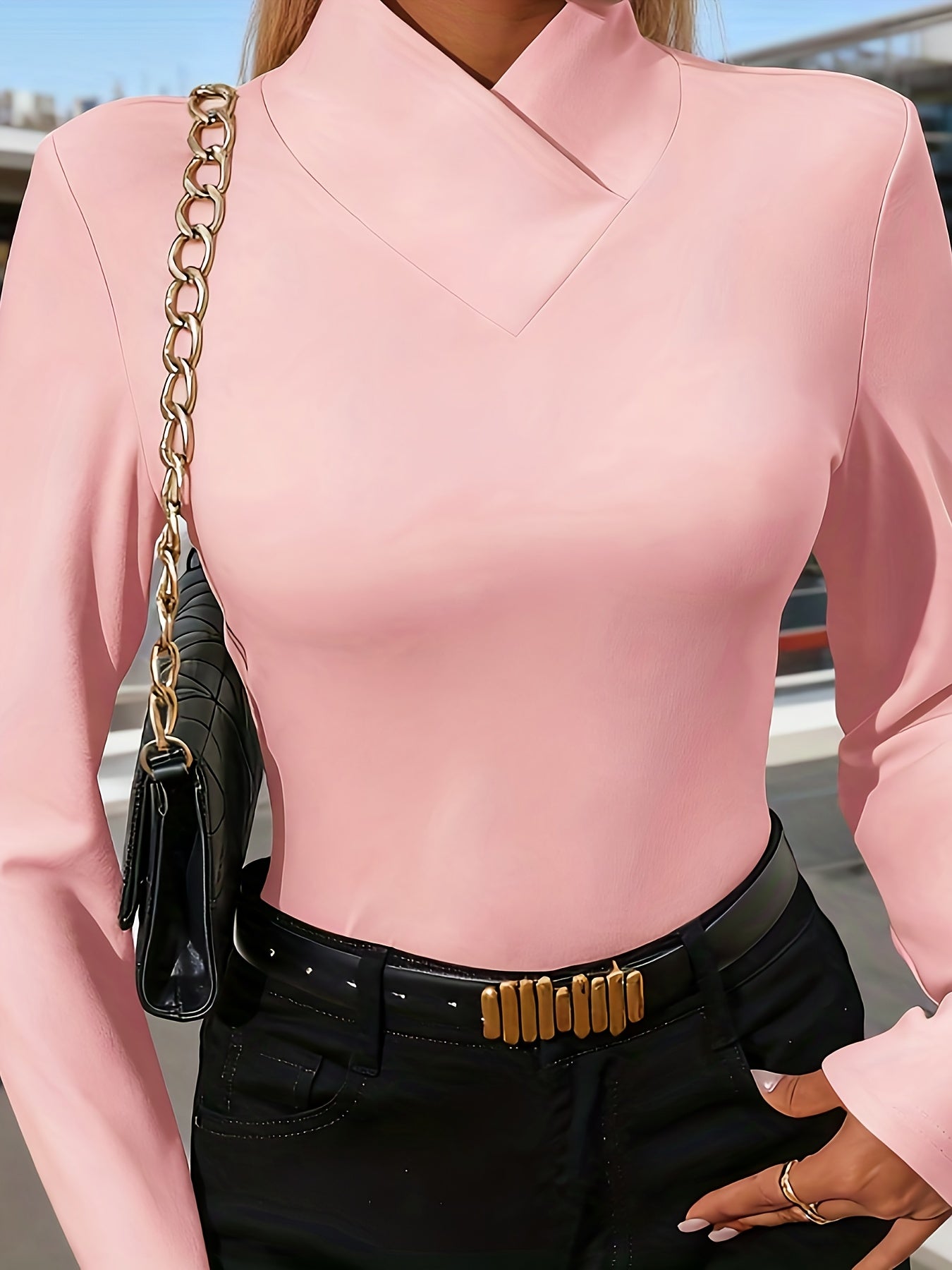 Women'S Elegant Long Sleeve T-Shirt - Soft Pink Solid Color Top, Round Neck Casual Everyday Shirt for Spring Summer Fall, Office, Party