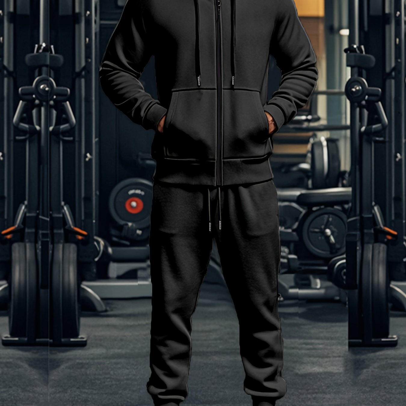 Set di 2 pezzi da uomo con felpa con cappuccio a tinta unita a maniche lunghe + pantaloni, set casual sportivo da fitness coordinato