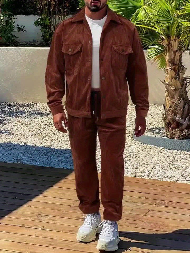 Set autunnale e invernale da uomo 2 pezzi con tessuto a coste intrecciate, tasche a doppia lavorazione, giacca a maniche lunghe e pantaloni larghi con coulisse, abito maturo per uscite casuali/ufficio/appuntamenti, 100% poliestere, lavabile a mano e in la