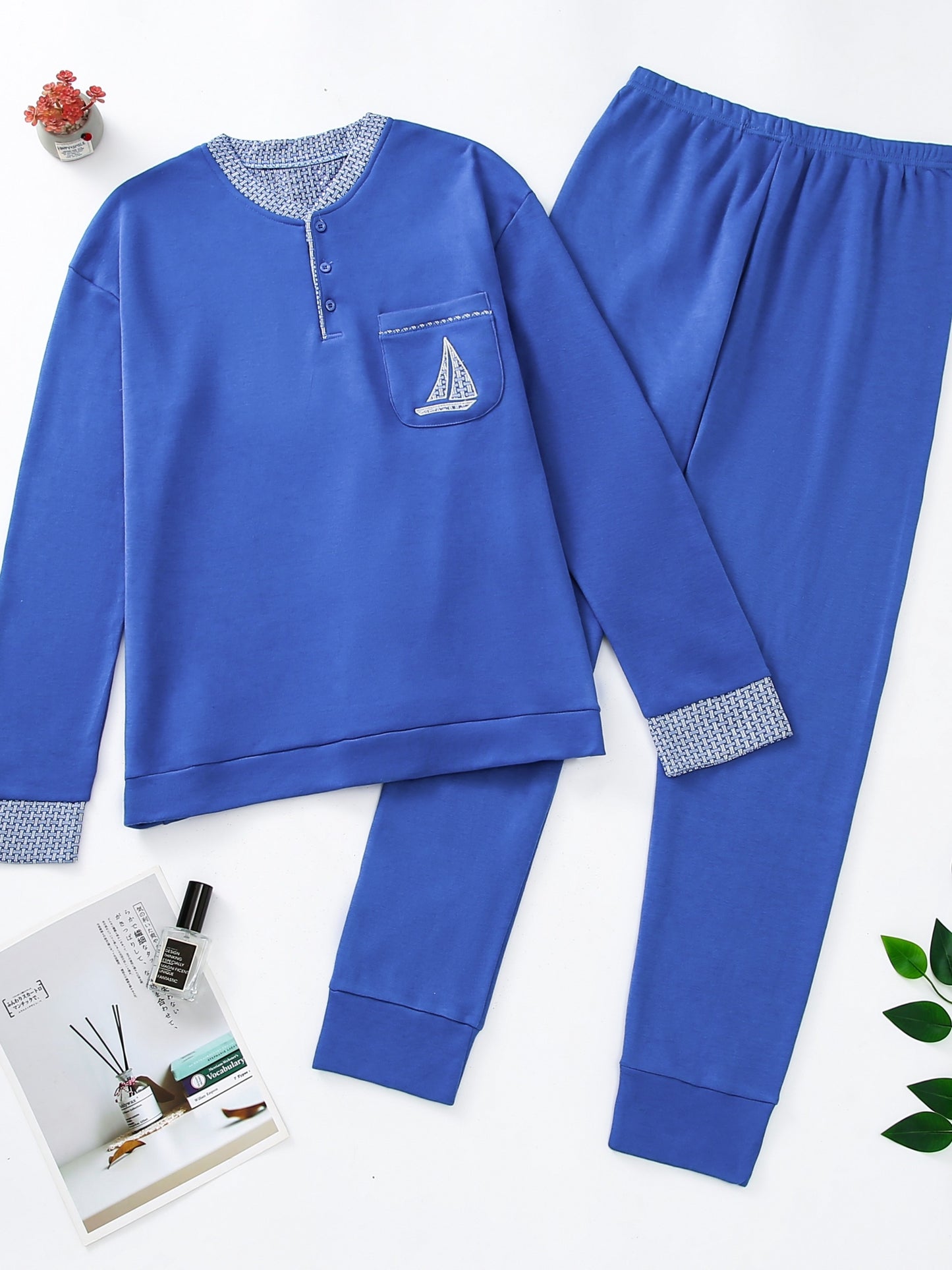 Pigiama invernale da uomo in pile, pigiama casual in poliestere lavorato a maglia, manica lunga, scollo Henley, motivo geometrico, vestibilità comoda, abbigliamento da notte per uso domestico