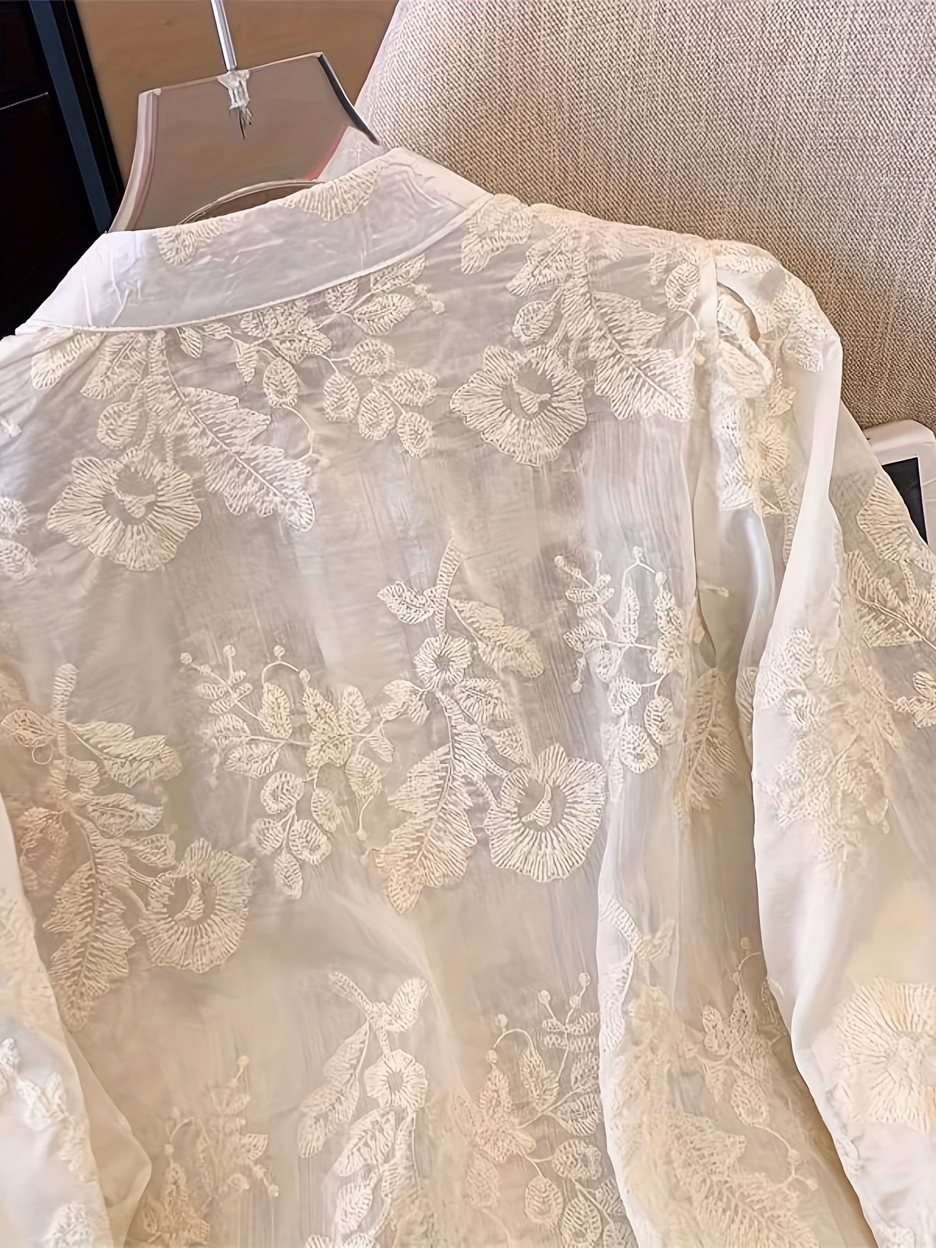 Women's Elegant Chinese-Style Embellished Blouse - Semi-Sheer Stand Collar Button-Front Jacket with Golden-Tone Floral/Butterfly/Lanterns/Clouds Patches, White Traditional Asian-Inspired Top for Weddings & Cultural Events (Machine, Elegant Two Piece Sets