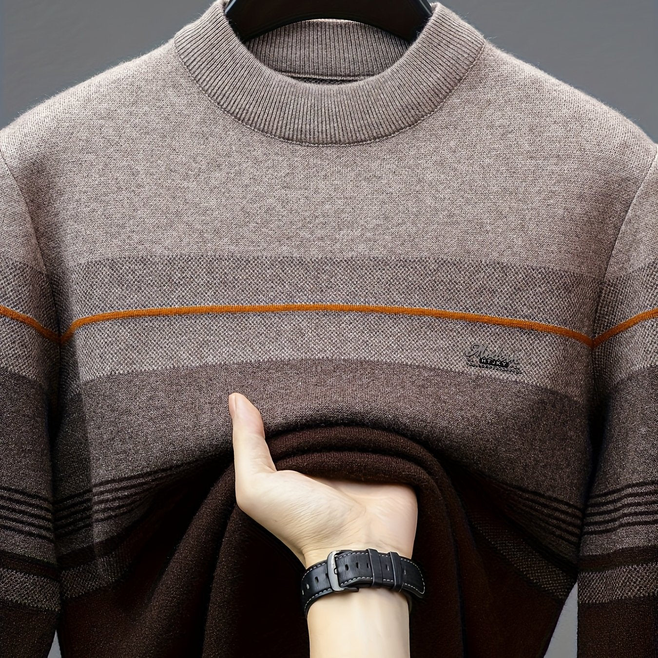 Maglione a maniche lunghe da uomo in maglia - Morbido pullover elasticizzato con strisce marroni/orizzontali, maglione invernale a girocollo per outfit di tutti i giorni e formali, regalo ideale per la festa del papà, marito, fidanzato - Abbigliamento aut