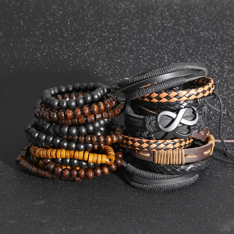 24 pezzi Set di Accessori di Moda da Uomo, Braccialetti in Pelle Sintetica e Perline di Legno in Stile Street, Design Versatili a Strati per Abbigliamento Casual, con Confezione Multipla per Regali (Scatola Non Inclusa)