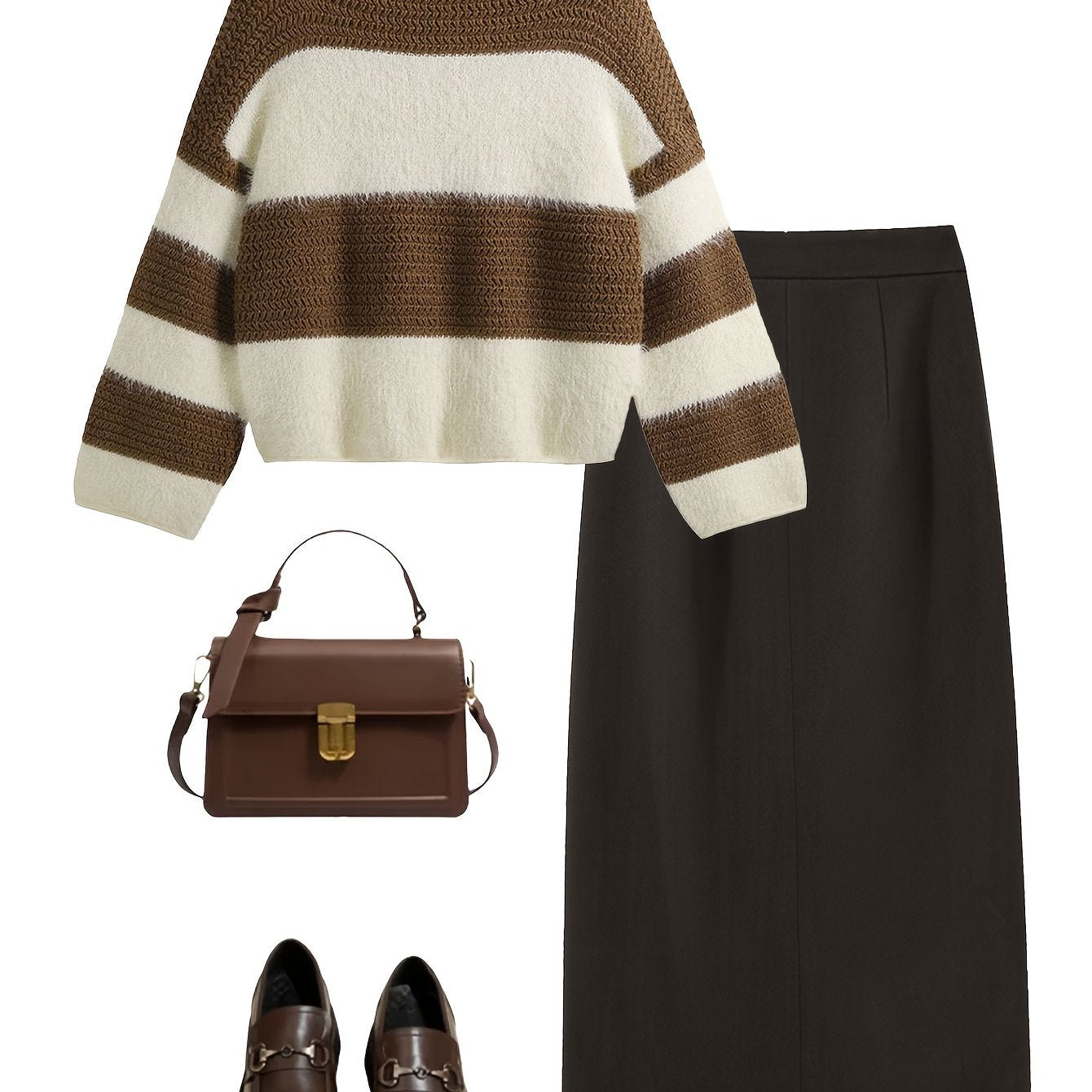 Set di maglione a righe e gonna nera per donna - Abbigliamento accogliente per autunno/inverno, dettaglio con cerniera, look casual chic, abbigliamento casual chic|Modello a righe|Chiusura con cerniera, set di maglione