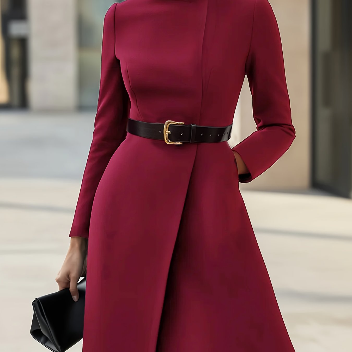 Women'S Elegant Office to Party Dress - Long Sleeve A-Line Formal attire with Belt, Structured Burgundy/Deep Red, for Business, Events, Everyday - Spring/Fall Women'S Clothing, Business Casual, Sophisticated Design, Polished Finish, Versatile Outfit, Prof