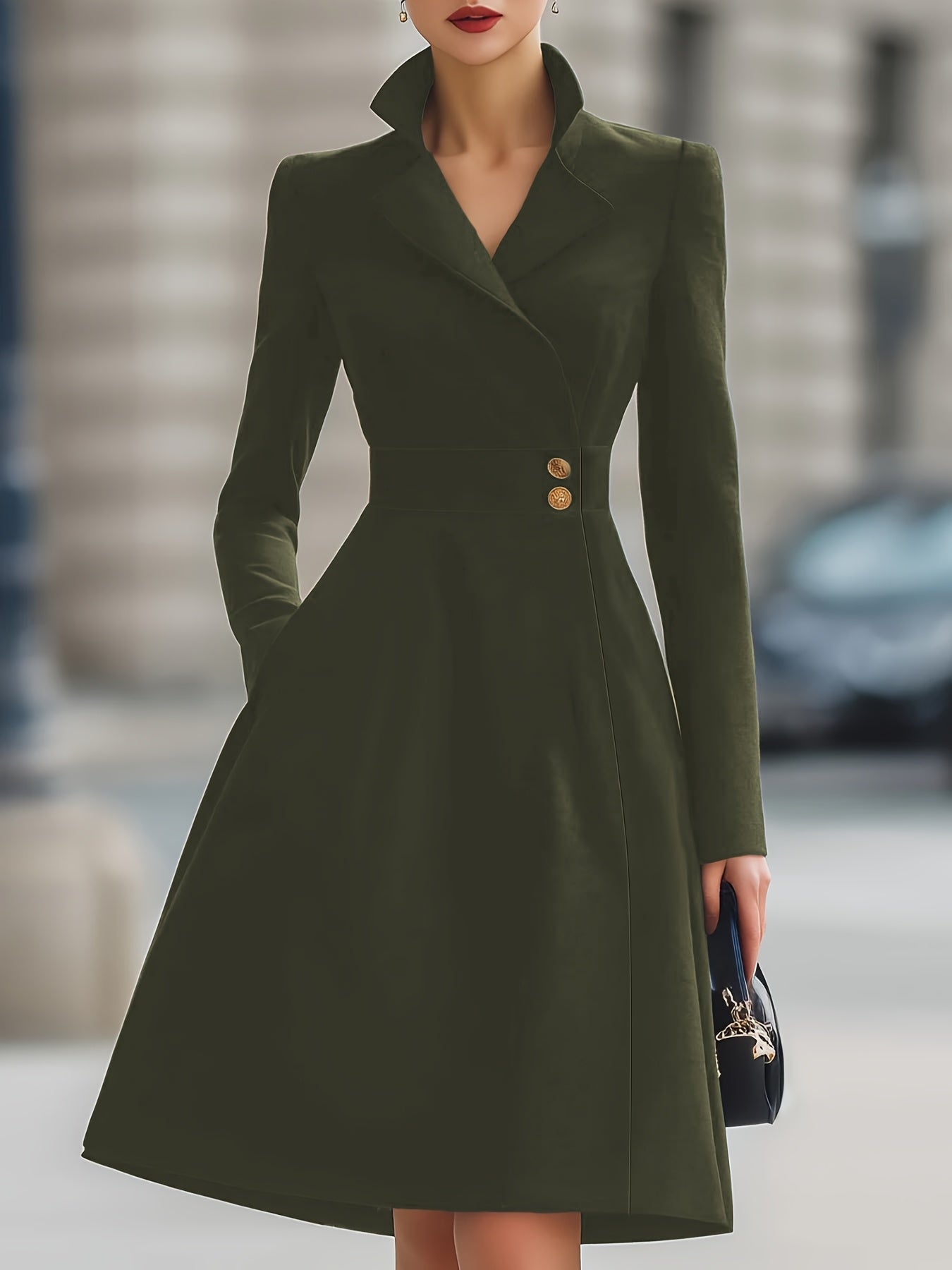 Women'S Elegant A-Line Maxi Dress with Pockets - High Neck, Long Sleeve, Button-Up Front, Flowy Hem, Perfect for All Seasons, Casual to Formal Wear