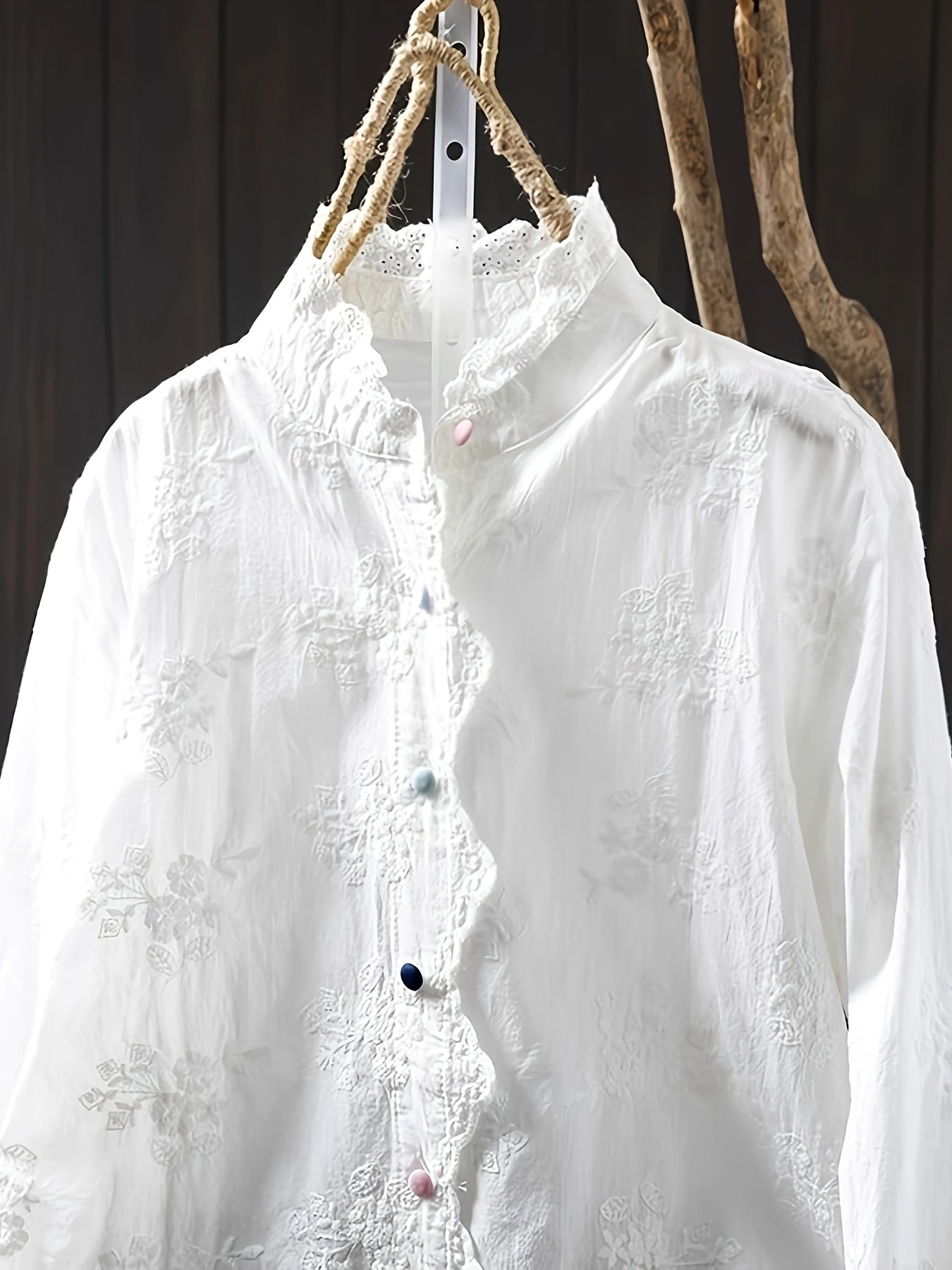 Women's Loose Embroidered Blouse with Floral Embroidery & Lace Trim - Stand-Up Collar Long Sleeve Button Front Shirt, Machine Washable All-Season Top for Casual & Office Wear