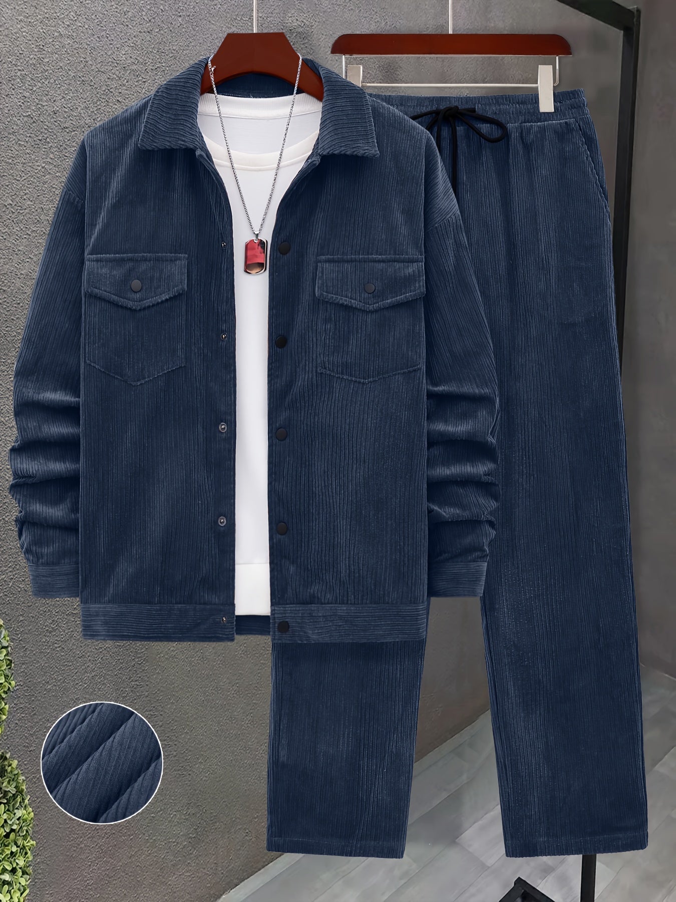 Set autunnale e invernale da uomo 2 pezzi con tessuto a coste intrecciate, tasche a doppia lavorazione, giacca a maniche lunghe e pantaloni larghi con coulisse, abito maturo per uscite casuali/ufficio/appuntamenti, 100% poliestere, lavabile a mano e in la