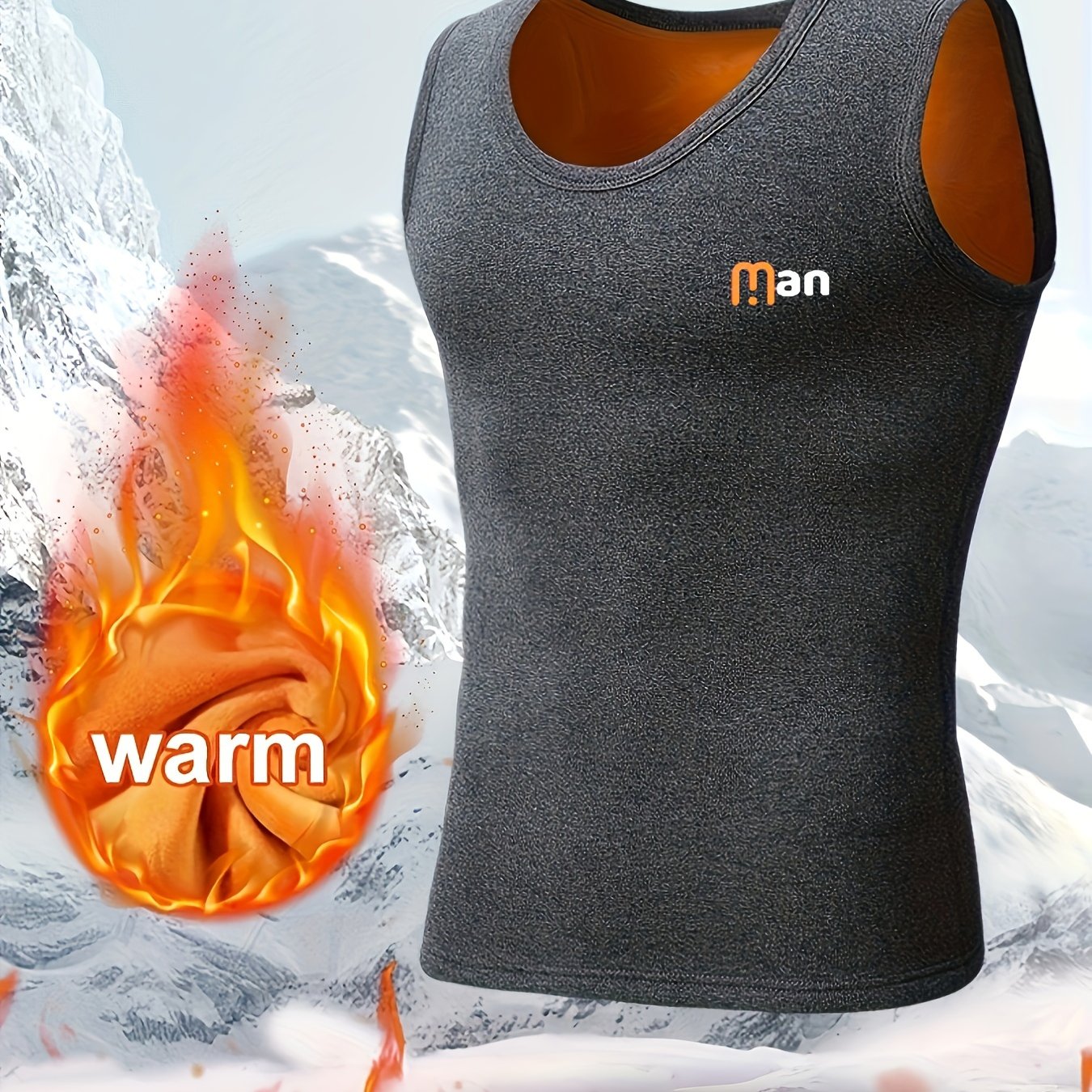 1pz Top da uomo termico foderato in fleece, stampa "MAN", gilet caldo autunno/inverno, impermeabile, poliestere 95% elastano 5%, tessuto a maglia, medio stretch, strato base atletico, spesso