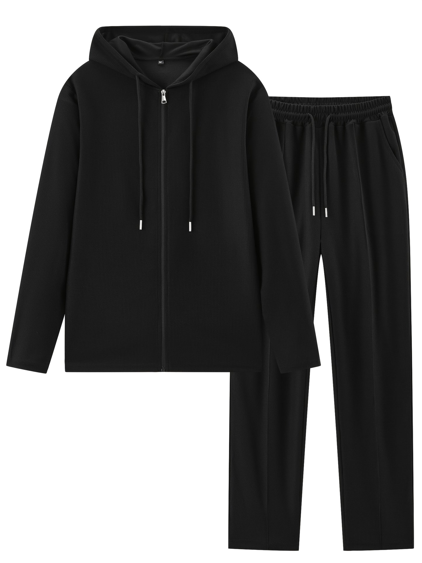Set di 2 pezzi per uomo con cardigan con cappuccio e zip e pantaloni con coulisse - Pullover casual a maniche lunghe con tasche frontali, colore solido, outfit comodo per la primavera/autunno, abbigliamento per la primavera/autunno | Pullover con cappucci