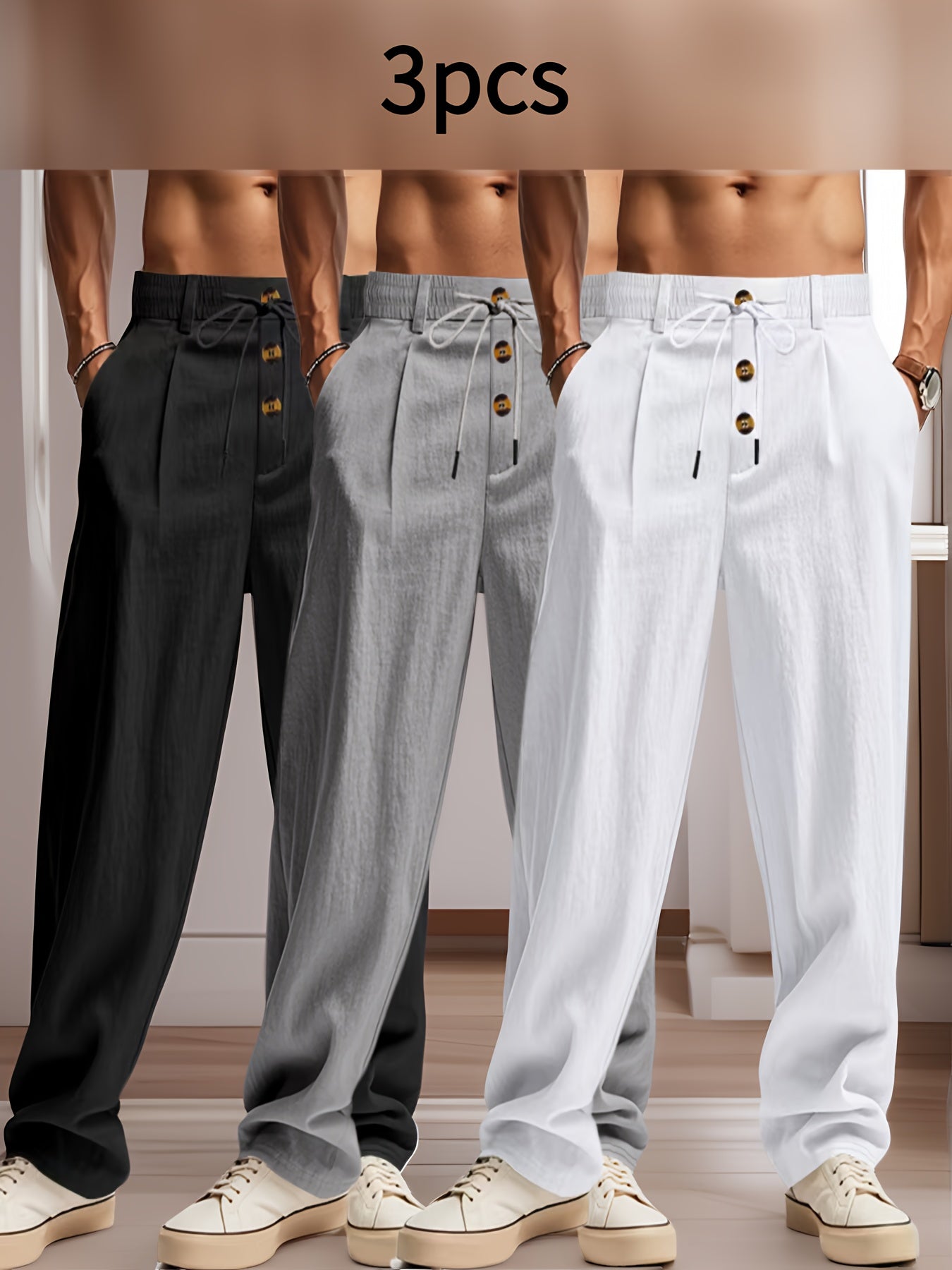 3pcs Pantaloni Casual in Lino Leggeri da Uomo - Vestibilità Rilassata Traspirante con Vita Elastica e Chiusura a Bottone, Tessuto Non Elasticizzato per Abbigliamento da Spiaggia Esterno, Comfort Tutte le Stagioni (Beige/Verde/Azzurro), Pantaloni da Spiagg