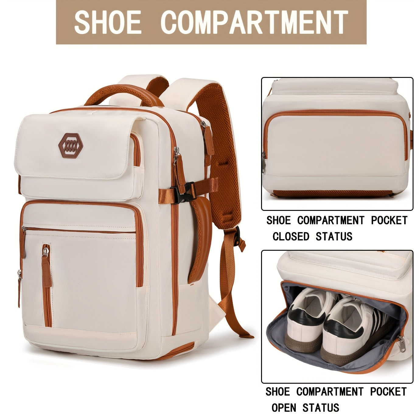 ZAINO DA VIAGGIO PER LAPTOP APPROVATO DALL'AEROPORTO da 39.62 cm con Scomparto per Scarpe e Cinghia per Bagaglio - Zaino Resistente per Affari ed Escursionismo in Beige e Marrone, Scomparti Multipli, Spallacci Regolabili, Solo Lavaggio a Mano, Design Eleg