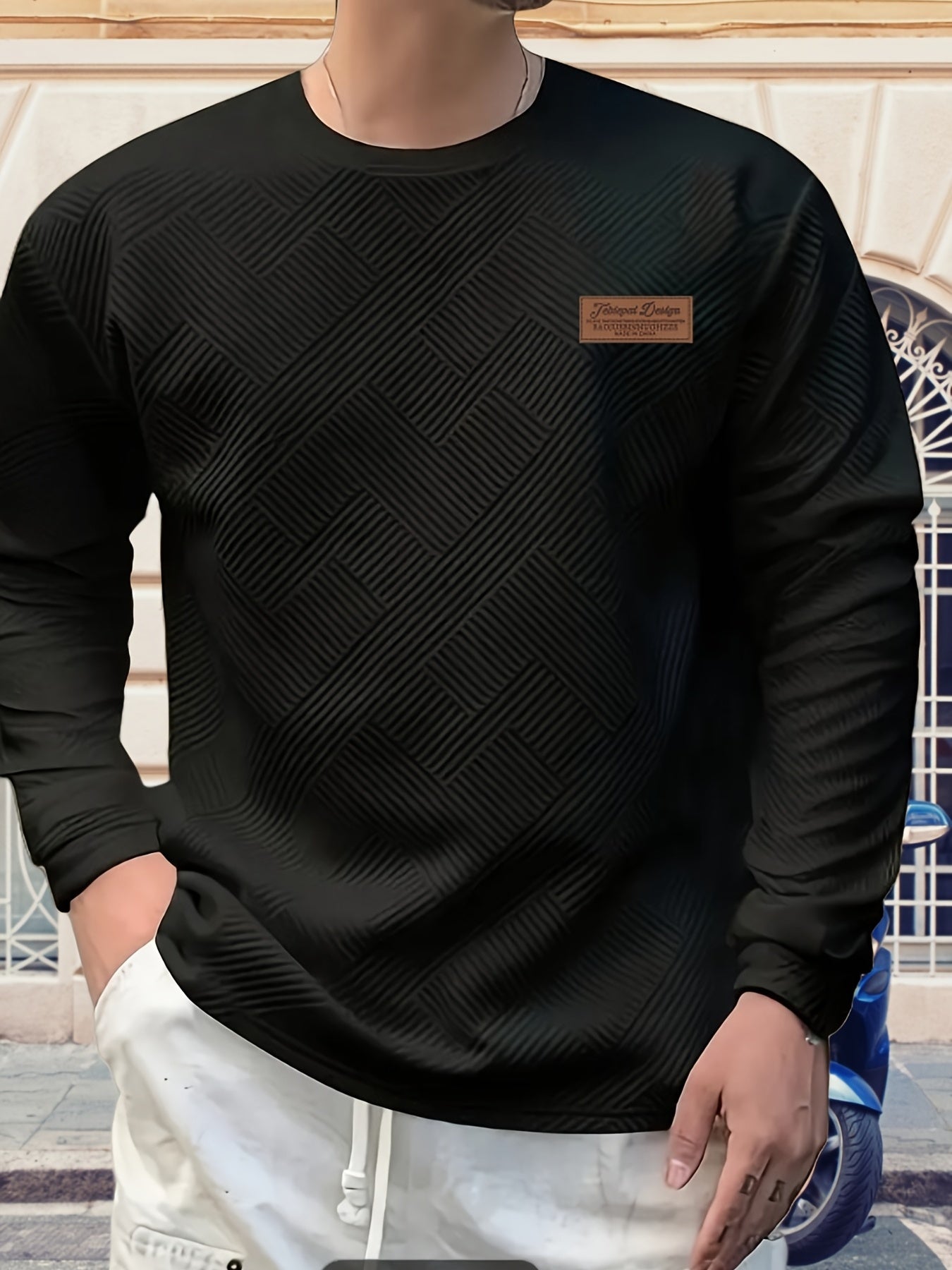 Maglione Uomo a Manica Lunga con Motivo Geometrico - Design Blu Vibrante e Nero, Taglio Regolare per Primavera/Autunno, Tessuto Comodo, Stile Casual, Cuciture di Qualità, Top Modaiolo, Abbigliamento Autunnale, Ideale per Giovani Adulti