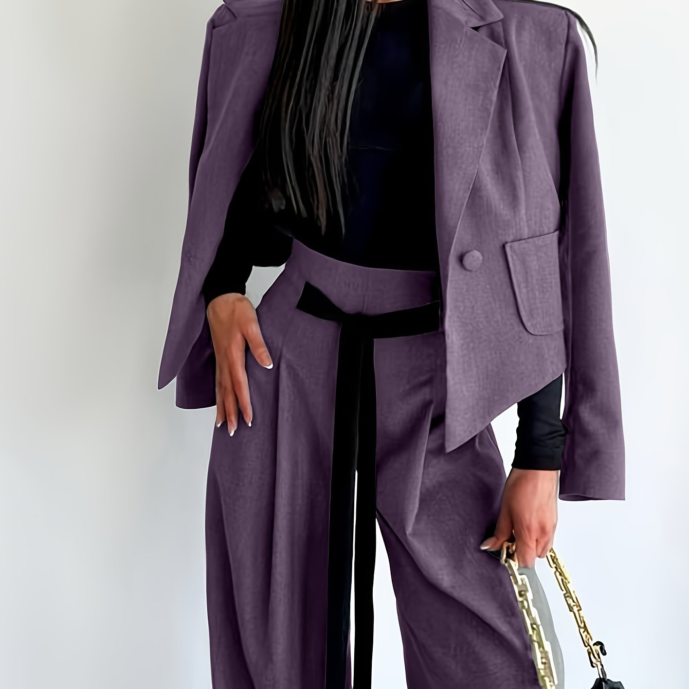 BK052044 Elegant Suit Jacket and Waist-Tie Loose Straight-Leg Wide-Leg Pants Women's Two-Piece Suit