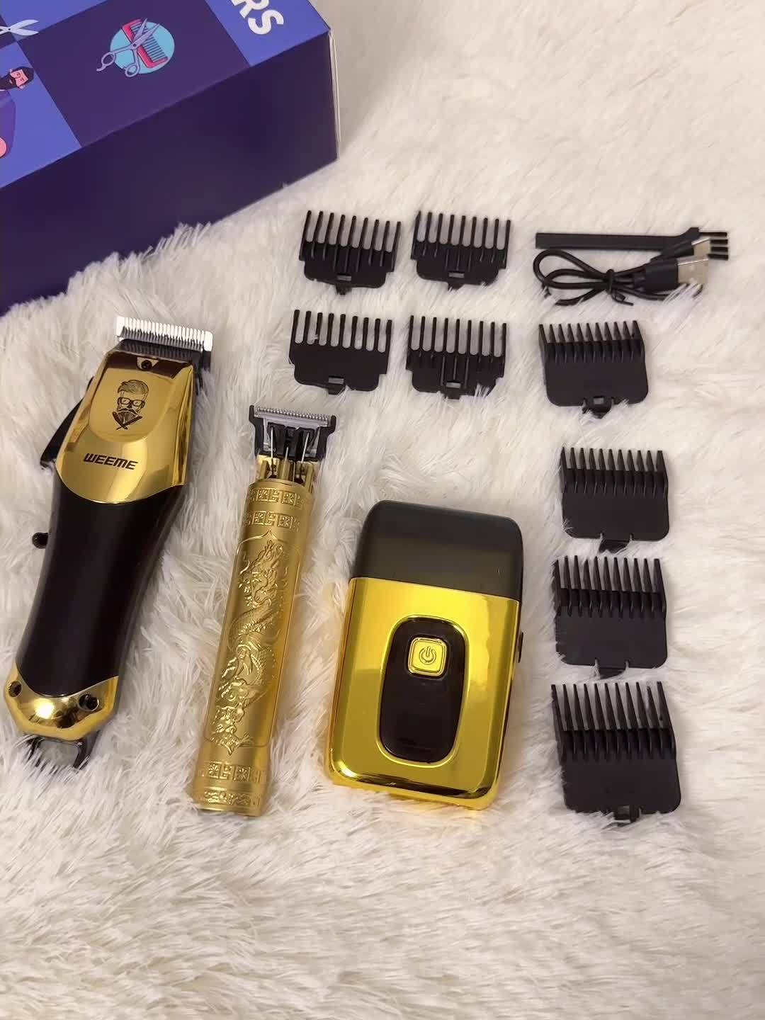 WEEME Set di 3 pezzi per taglio capelli elettrico da uomo, set per parrucchiere domestico, tagliacapelli USB ricaricabile, testina in lega, display LCD, forma intagliata, ideale per casa e viaggi, regalo per la Festa del Papà