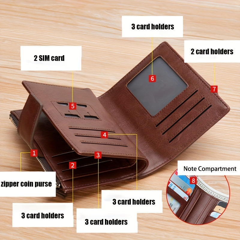 Portafoglio vintage da uomo in pelle PU con blocco RFID, portamonete e chiusura lampo sicura - Non intrecciato, tinta unita, interno in poliestere resistente