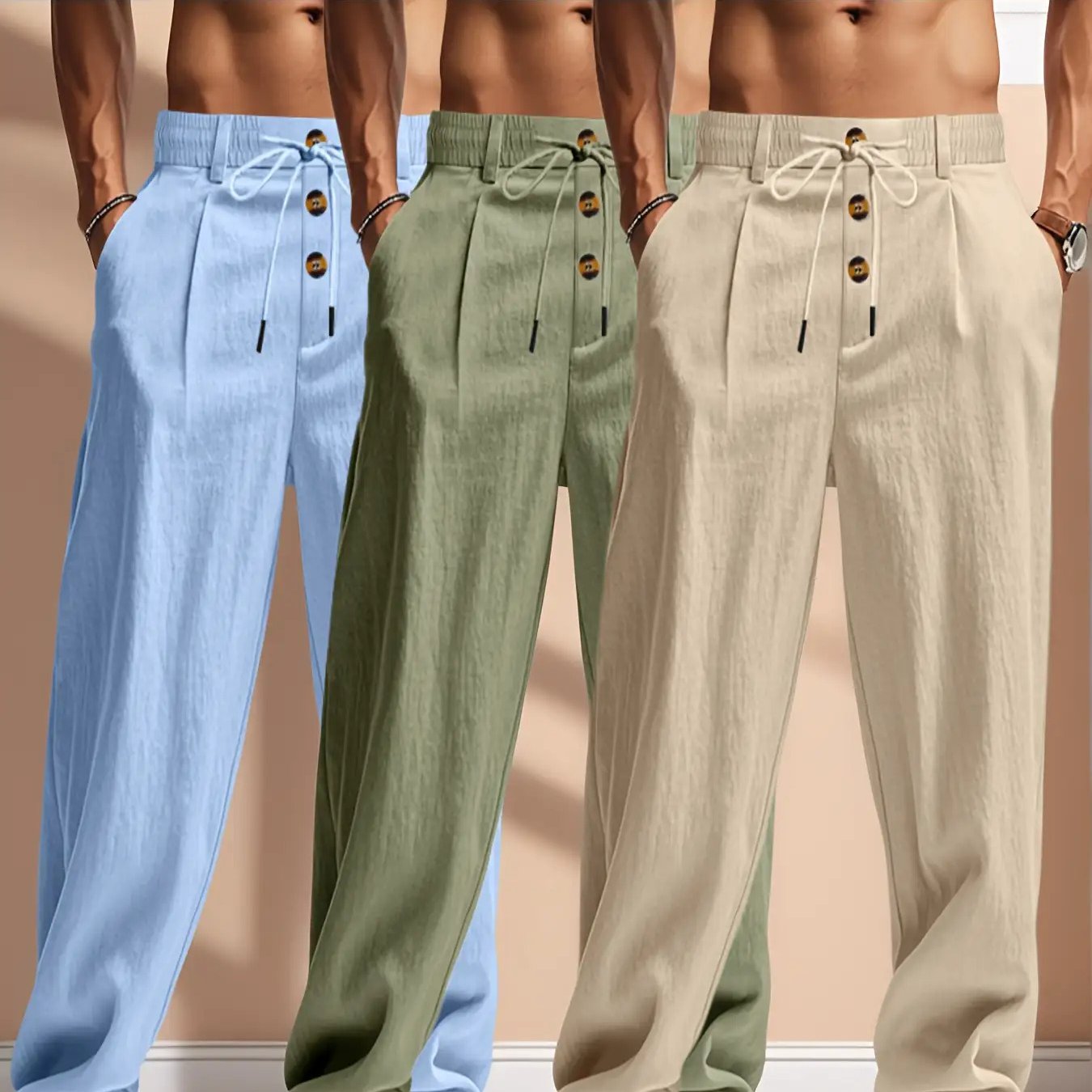 3pcs Pantaloni Casual in Lino Leggeri da Uomo - Vestibilità Rilassata Traspirante con Vita Elastica e Chiusura a Bottone, Tessuto Non Elasticizzato per Abbigliamento da Spiaggia Esterno, Comfort Tutte le Stagioni (Beige/Verde/Azzurro), Pantaloni da Spiagg