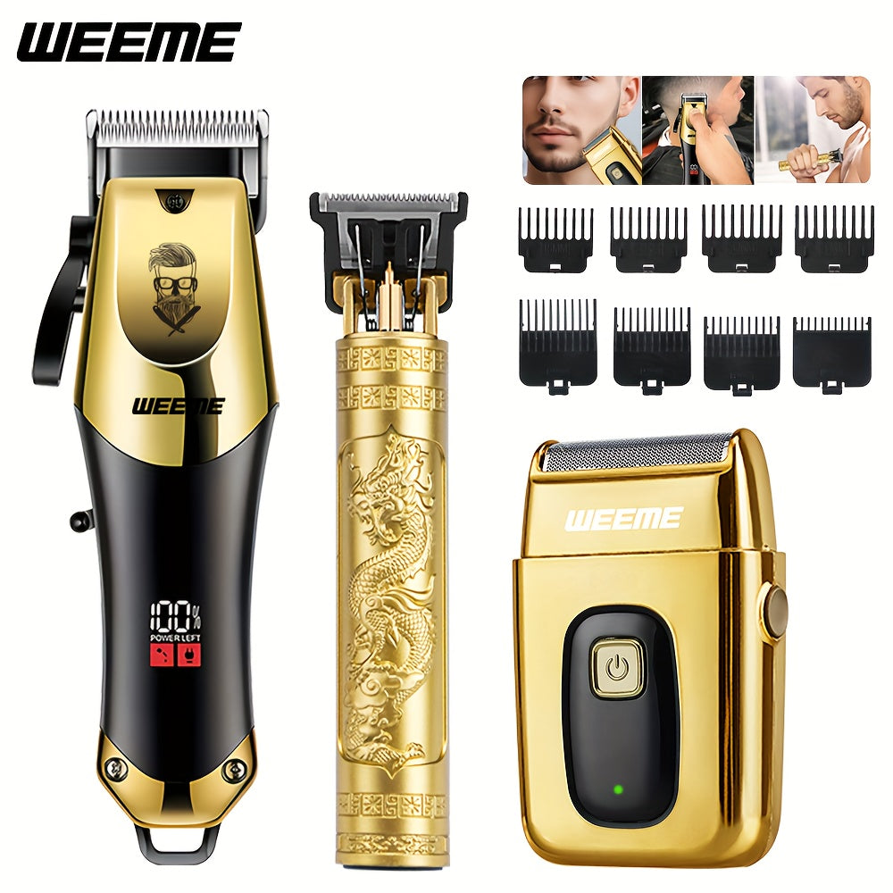 WEEME Set di 3 pezzi per taglio capelli elettrico da uomo, set per parrucchiere domestico, tagliacapelli USB ricaricabile, testina in lega, display LCD, forma intagliata, ideale per casa e viaggi, regalo per la Festa del Papà