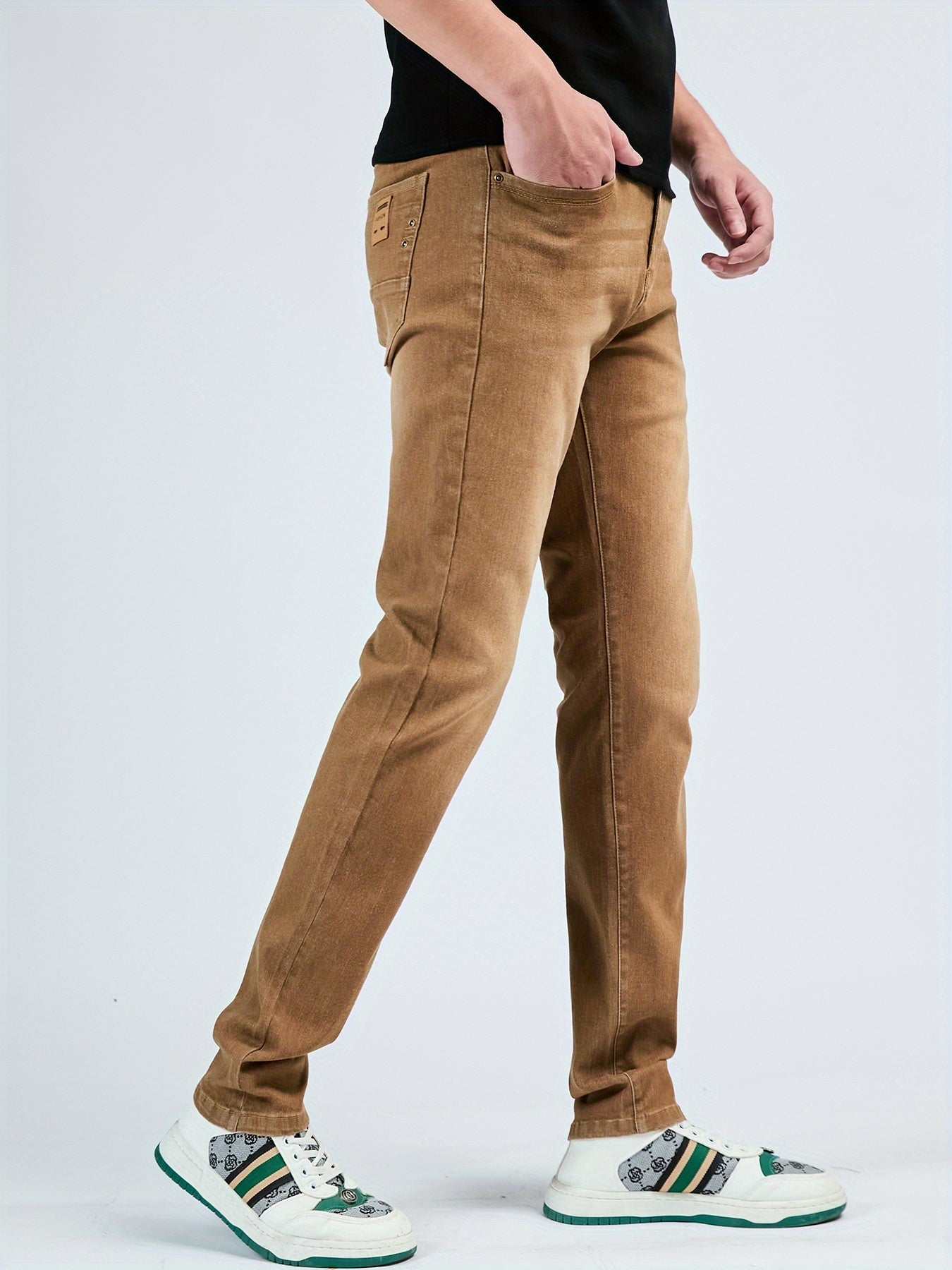 1pezzo Pantaloni casual da uomo slim-fit in denim sintetico, con chiusura a bottoni, comodi per tutte le stagioni, lavaggio leggero, kaki, versatili per abbigliamento casual, abbigliamento confortevole | Slim Fit Faux Denim | Tessuto resistente