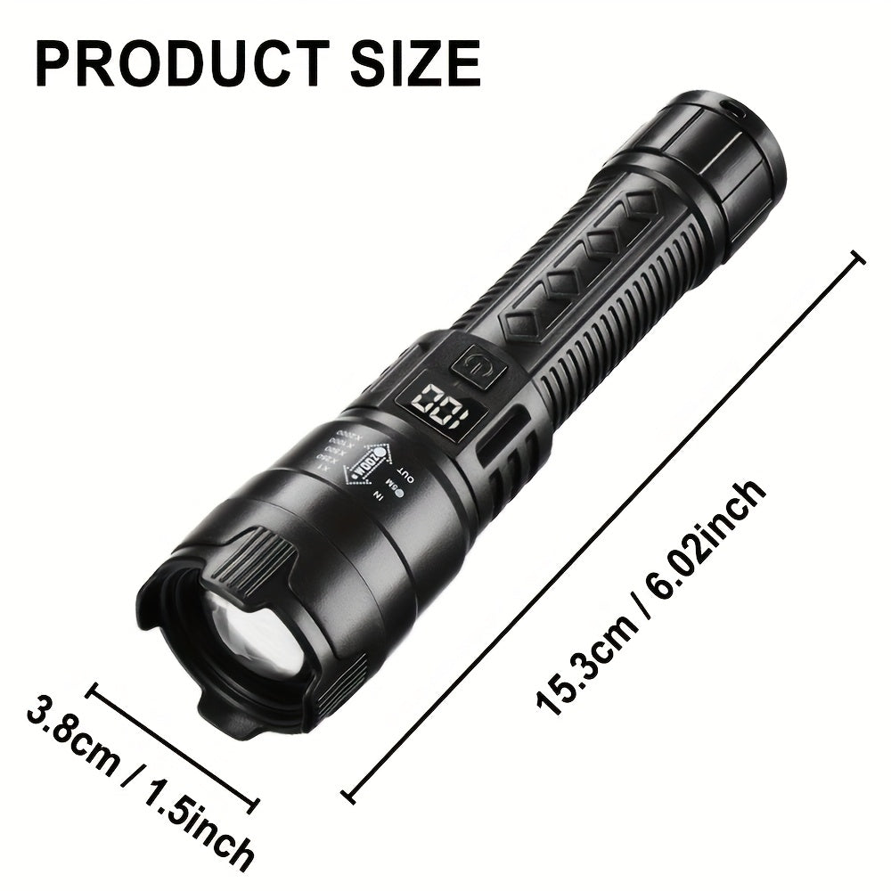 Set di 2 torce LED ricaricabili, design compatto con zoom regolabile e indicatore del livello di batteria, che offre tre opzioni di illuminazione adatte per attività all'aperto, campeggio, lavoro e situazioni di emergenza.