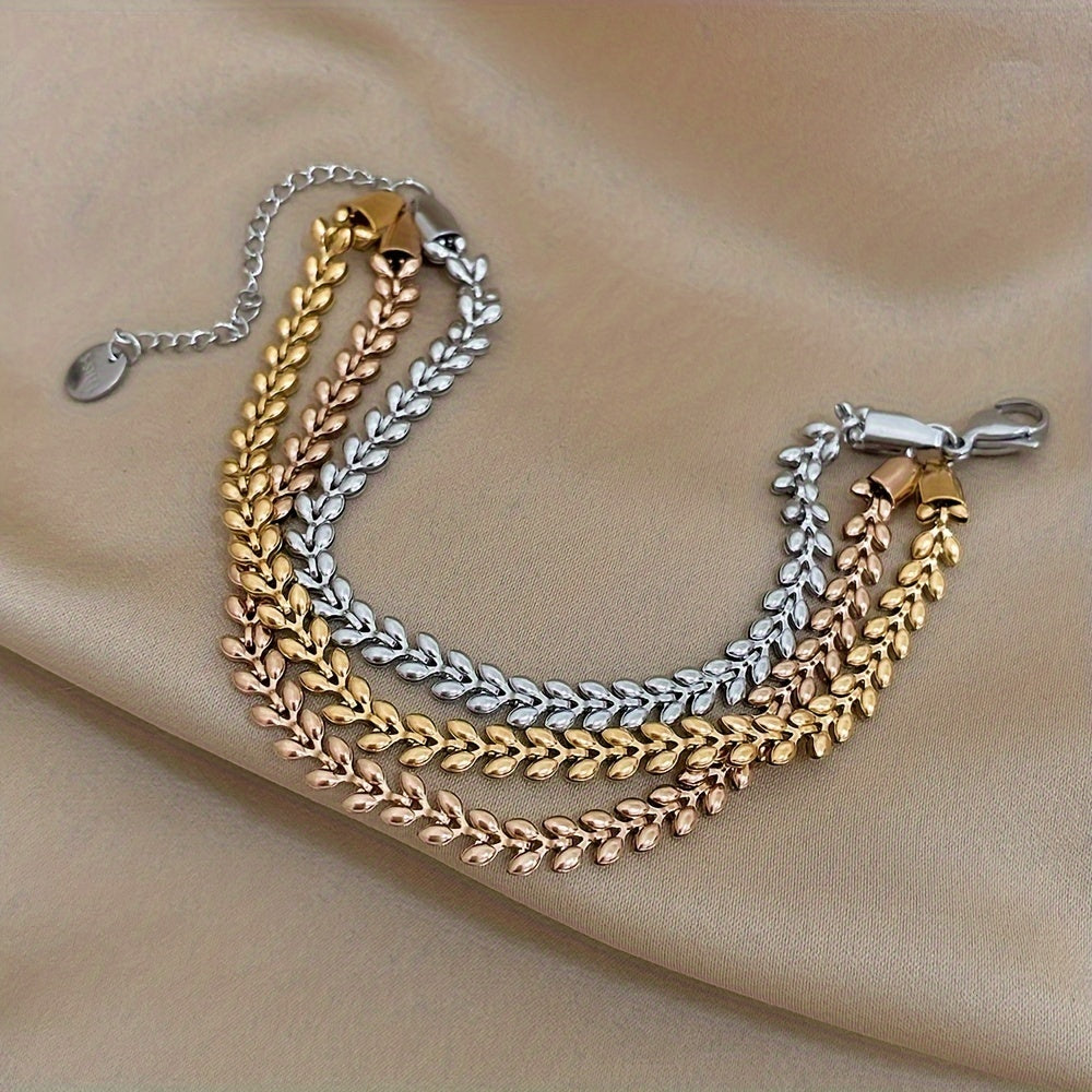 Women's Stainless Steel Wheat Design Golden-Tone Multi-Layer Chain Bracelet - Adjustable Lobster Clasp Statement Jewelry for Parties, Casual Attire & Special Occasions, Fashion Accessory, Elegant Style, Stylish Craftsmanship, Accessory Enthusiasts