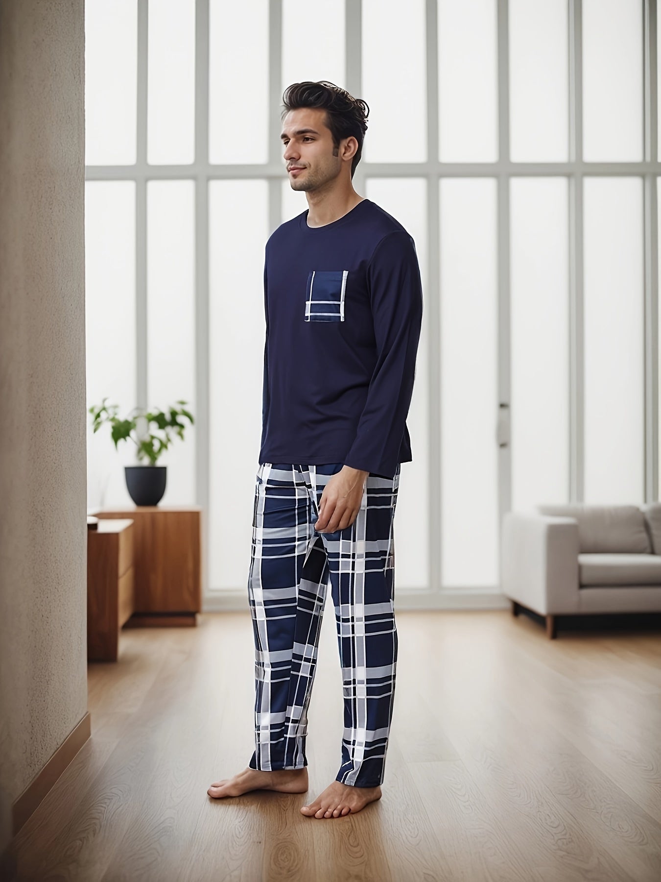 Set Pigiama Casual da Uomo - T-Shirt a Maniche Lunghe con Collo Rotondo & Pantaloni a Quadri, Misto Poliestere Morbido, Perfetto per la Primavera/Autunno