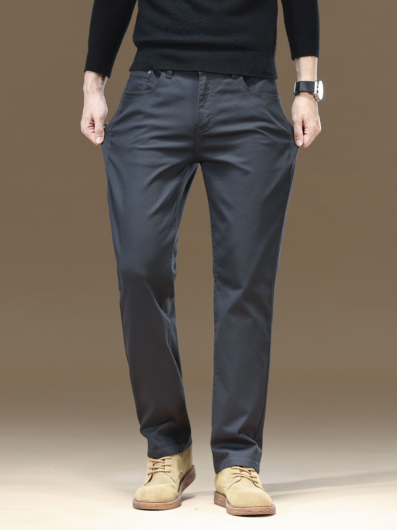 Pantaloni da uomo in tessuto elastico a tinta unita - Comodi e resistenti pantaloni casual da lavoro con chiusura a bottone, vita media, vestibilità regolare, versatile per tutte le stagioni per abbigliamento casual, ufficio e eventi formali, abbigliament