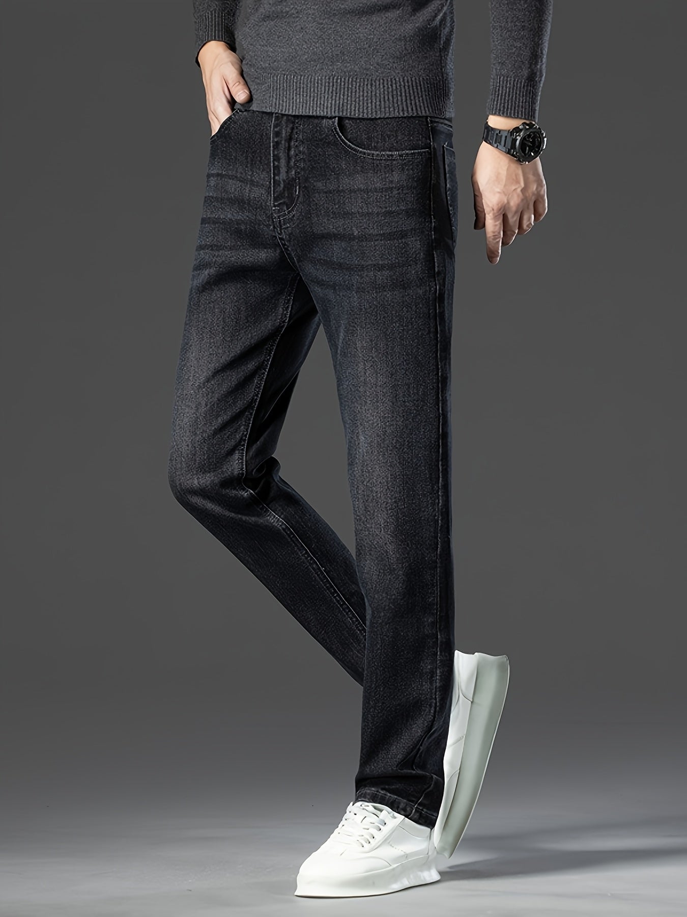 Pantaloni di lusso da uomo in denim finto - Pantaloni dritti con vita media e chiusura a cerniera - Pantaloni formali e casual per ufficio, riunioni, eventi - Design classico non trasparente - Ideali per l'abbigliamento professionale e quotidiano, denim f
