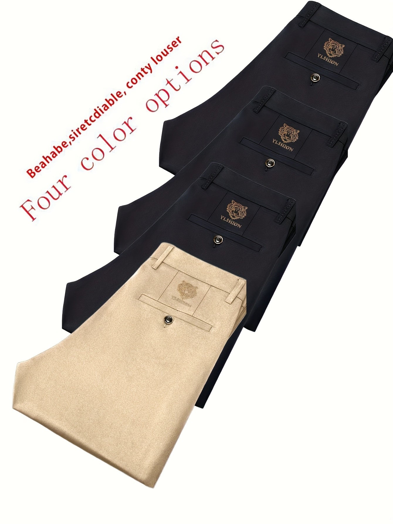 4pcs Pantaloni Eleganti Casual da Uomo a Gamba Dritta - Tessuto Elasticizzato Poliestere/Elastan, Tasche con Stampa Animalier, Comfort per Tutte le Stagioni, Solo Lavaggio a Mano (Beige/Navy/Grigio Carbone/Rosso)