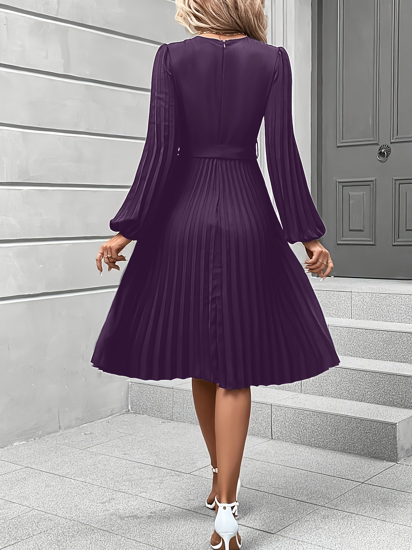 Women'S Elegant Formal & Everyday dress - Long Lantern Sleeves, Adjustable Waist Tie Belt, Flattering A-Line Silhouette, Knee-Length Party Wedding Office Outfit in - Easy-Care Women'S Clothing, Versatile Wardrobe Staple, Sophisticated Pleated Skirt, Durab