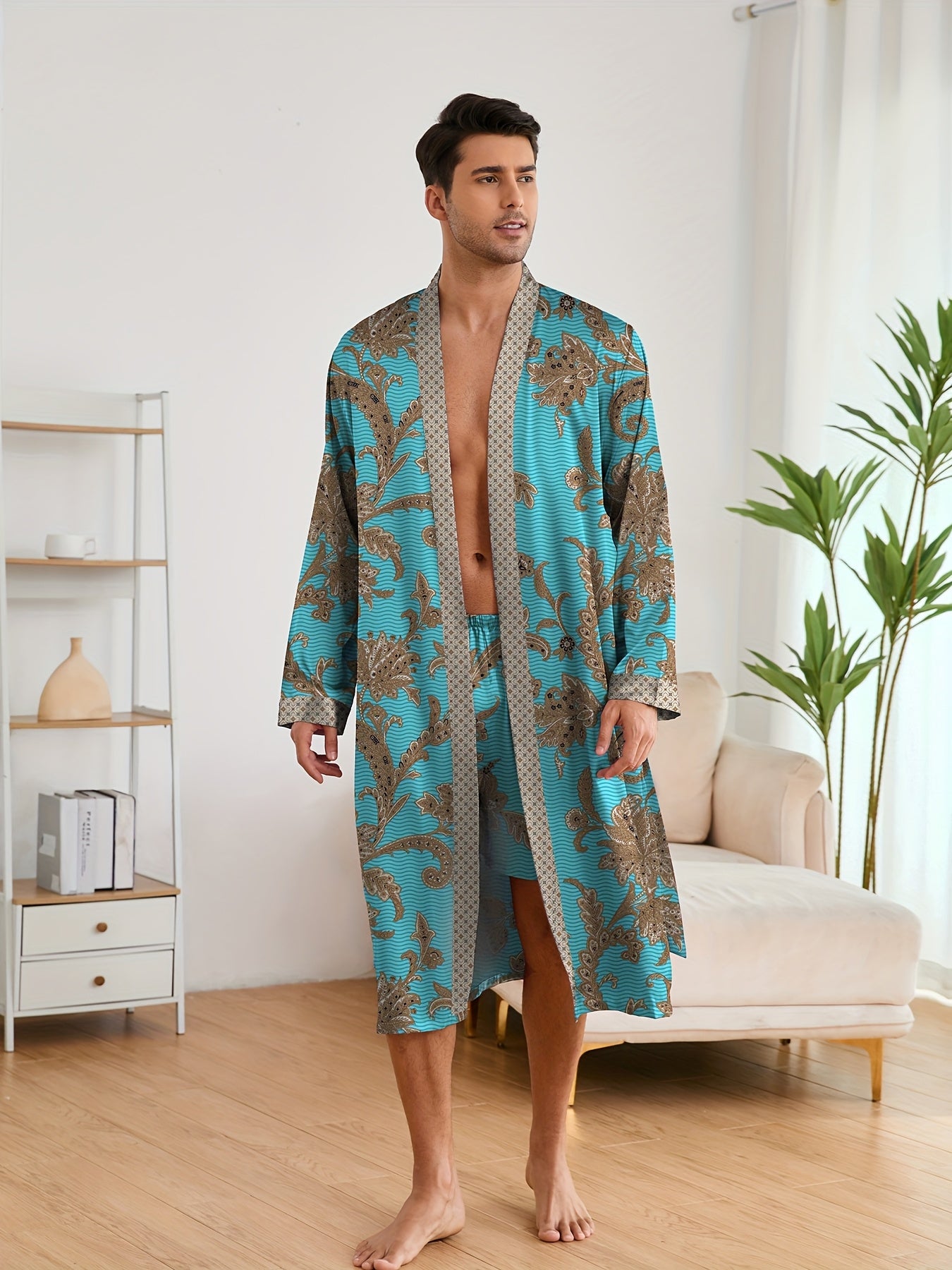 Accappatoio da uomo, pigiama elegante e leggero di lusso, stampa floreale elegante e raffinata, accappatoio con scollo a V a maniche lunghe e pantaloncini, set di vestaglia da notte per l'uso domestico