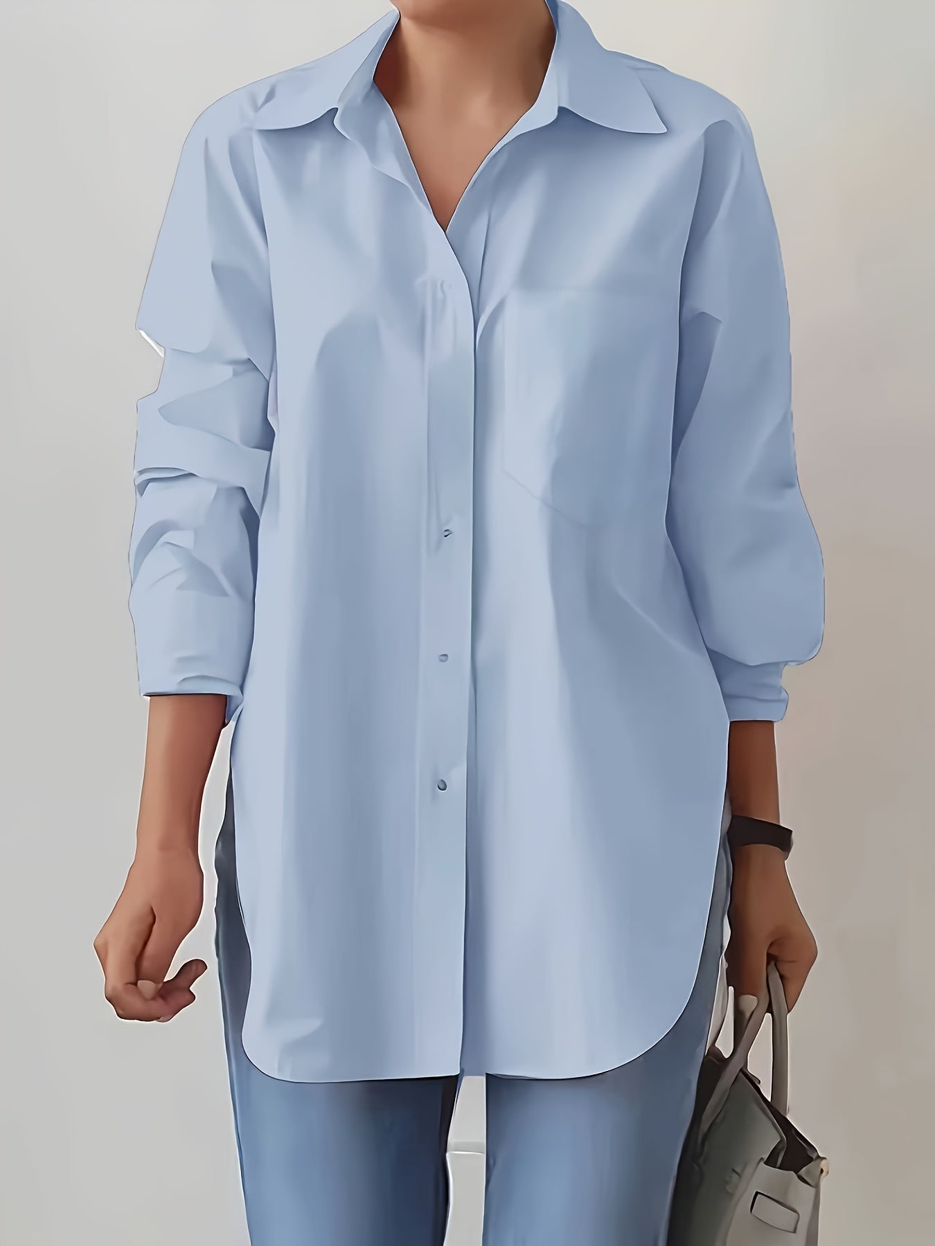 Women'S Elegant Solid Color Button-Up Shirt with Long Sleeves - Red, Casual Style, Perfect for Spring/Summer, Casual Attire|Elegant Buttonup|Long Sleeve Shirt