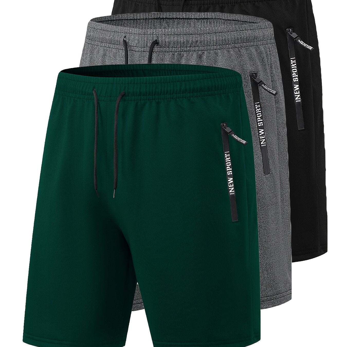Set di 3 pantaloncini sportivi casual estivi da uomo con elastico in vita e coulisse, con tasche con cerniera, ideali per allenamenti, corsa, palestra e sport all'aria aperta.