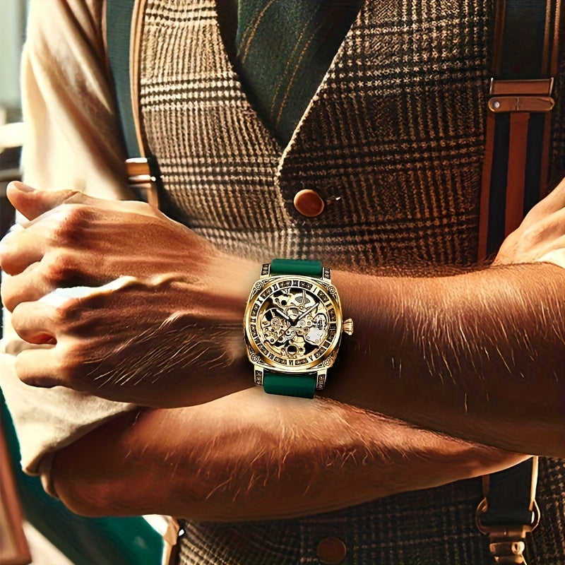 1pc Orologio meccanico a tourbillon intagliato in stile elegante per uomo giovane, senza batteria