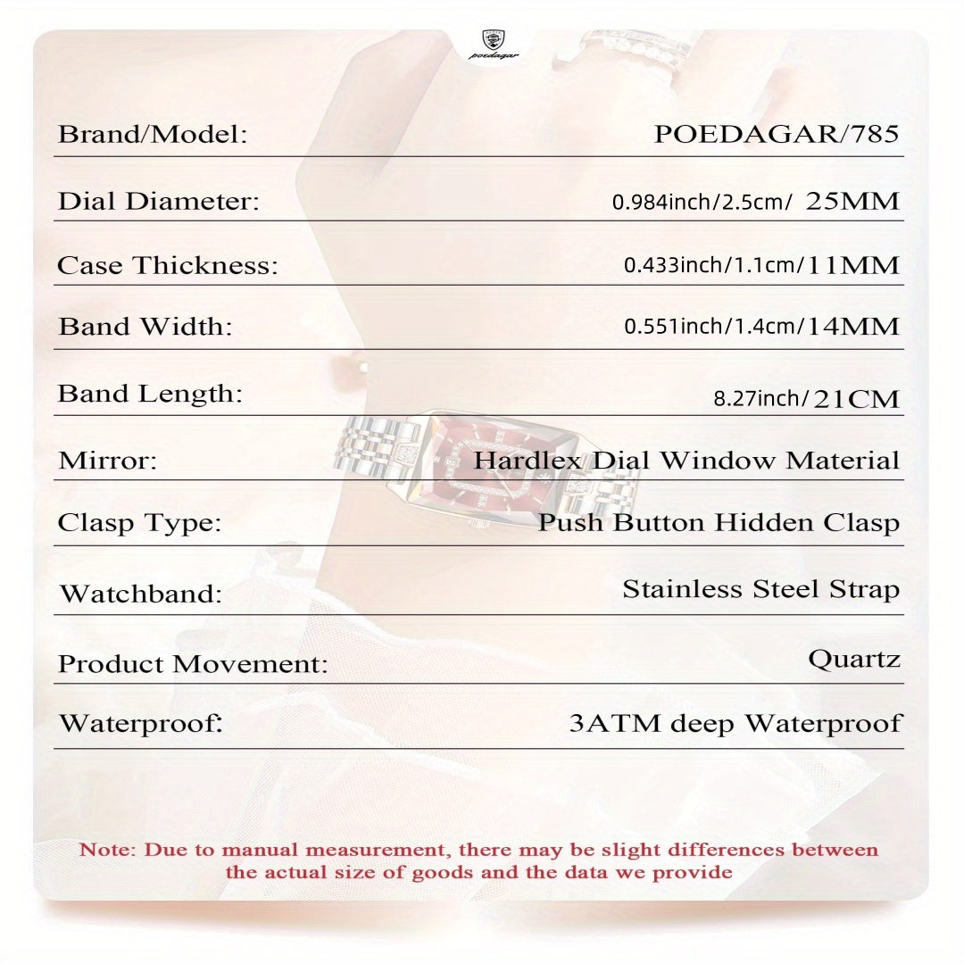 Orologio di lusso per donne POEDAGAR - Elegante calendario impermeabile con visualizzazione della data, orologio quadrato in acciaio inossidabile, cassetta in lega di zinco, cinturino in acciaio inossidabile, stile casual, accessorio elegante | Design ele