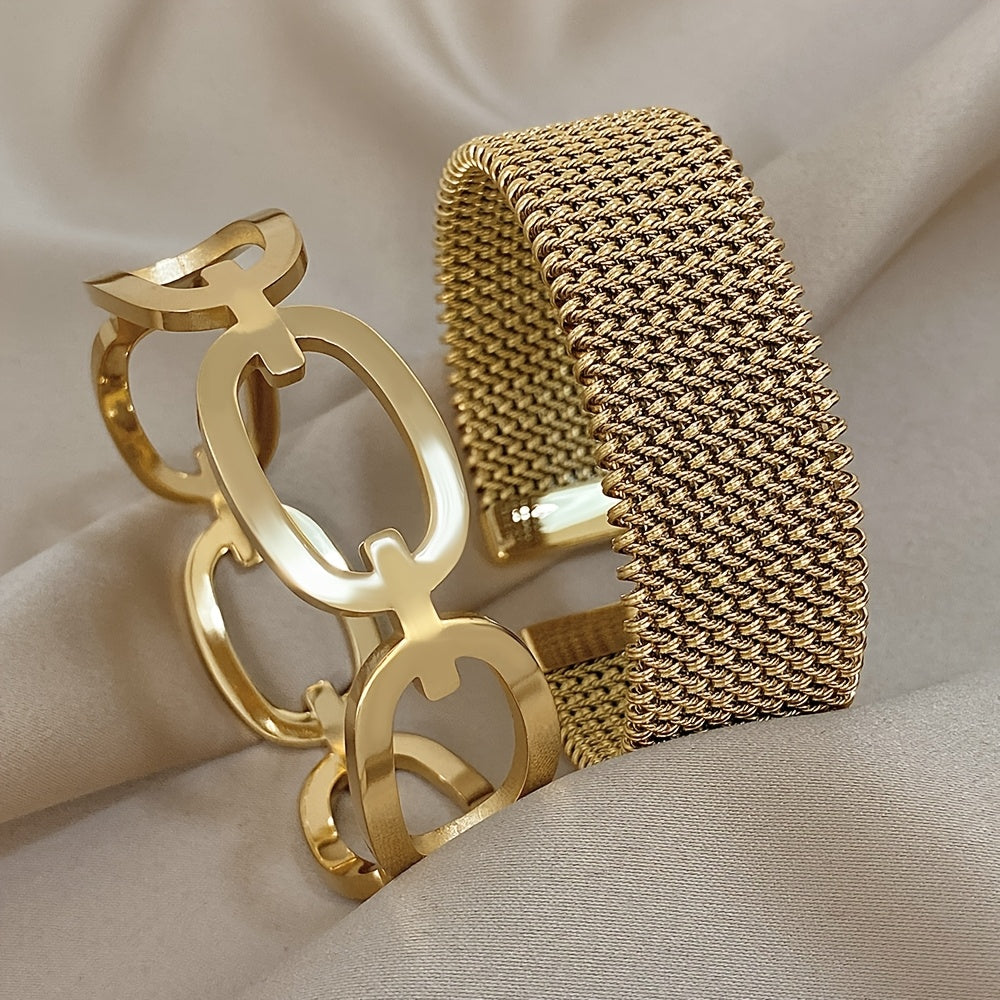 Set di 2 braccialetti eleganti in acciaio inossidabile 304 - Design di anello a vuoto chic, finitura dorata, regalo perfetto per la famiglia, gli amici e le persone care, ideale per abbigliamento casual o occasioni speciali, set di braccialetti|Braccialet