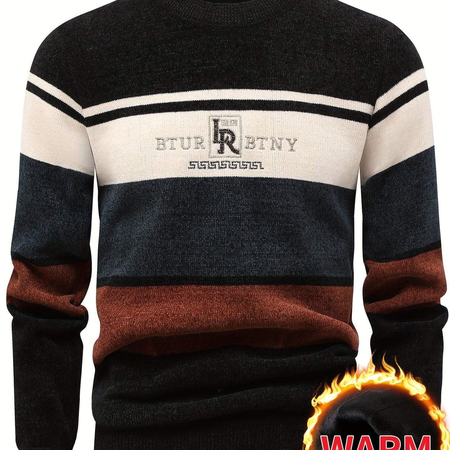 Maglione Invernale Termico Foderato in Pile Uomo Genghis - Design a Righe con Logo Lettere, Collo Tondo Maniche Lunghe, Lavabile in Lavatrice Taglio Regolare, Abbigliamento per il Freddo, Polsini e Orlo Costolati