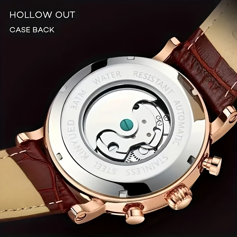 Orologio meccanico automatico da uomo KINYUED con luna e stelle, orologio da polso multifunzione, perfetto per regali festivi, senza batteria