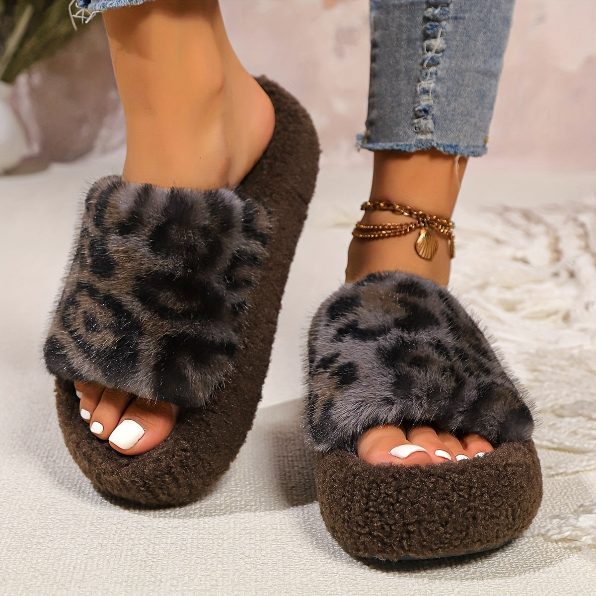 Pantofole da donna accoglienti con stampa leopardata - Morbide pantofole da casa con fodera in pile, calde e confortevoli con suola in TPU, stile casual per uso interno, pantofole da interno | Pantofole con stampa leopardata | Fodera in pile morbido, pant
