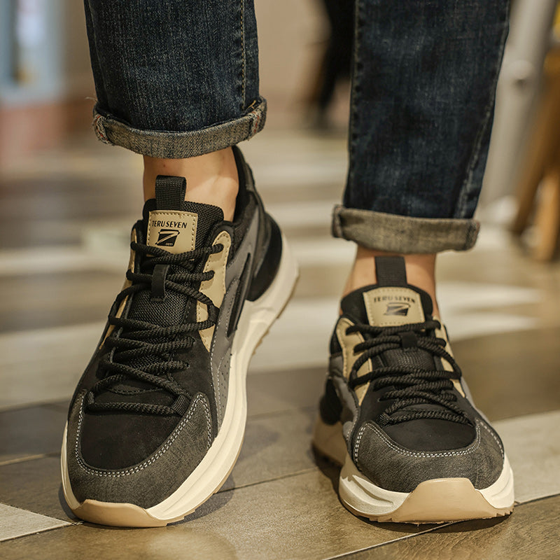 Scarpe da Ginnastica Invernali Uomo Retro di Alta Qualità - Suola Spessa e Resistente, Tomaia in PU Beige & Nero con Lacci Bassa, Ideali per Palestra o Casuale (Autunno/Inverno)