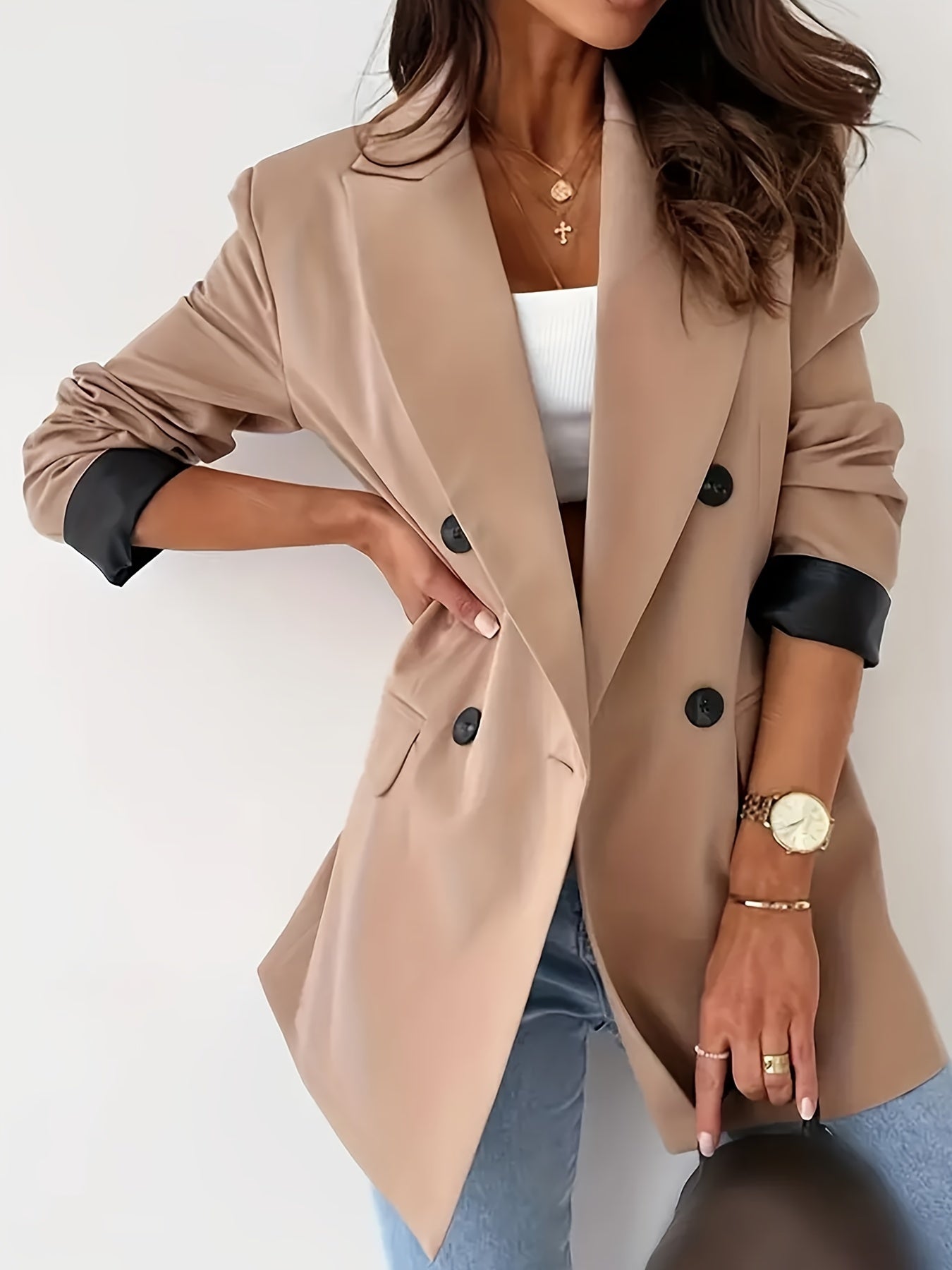 Double Breasted Lapel Collar Blazer, Elegant Long Sleeve Blazer For Work & Office, Women's Clothing