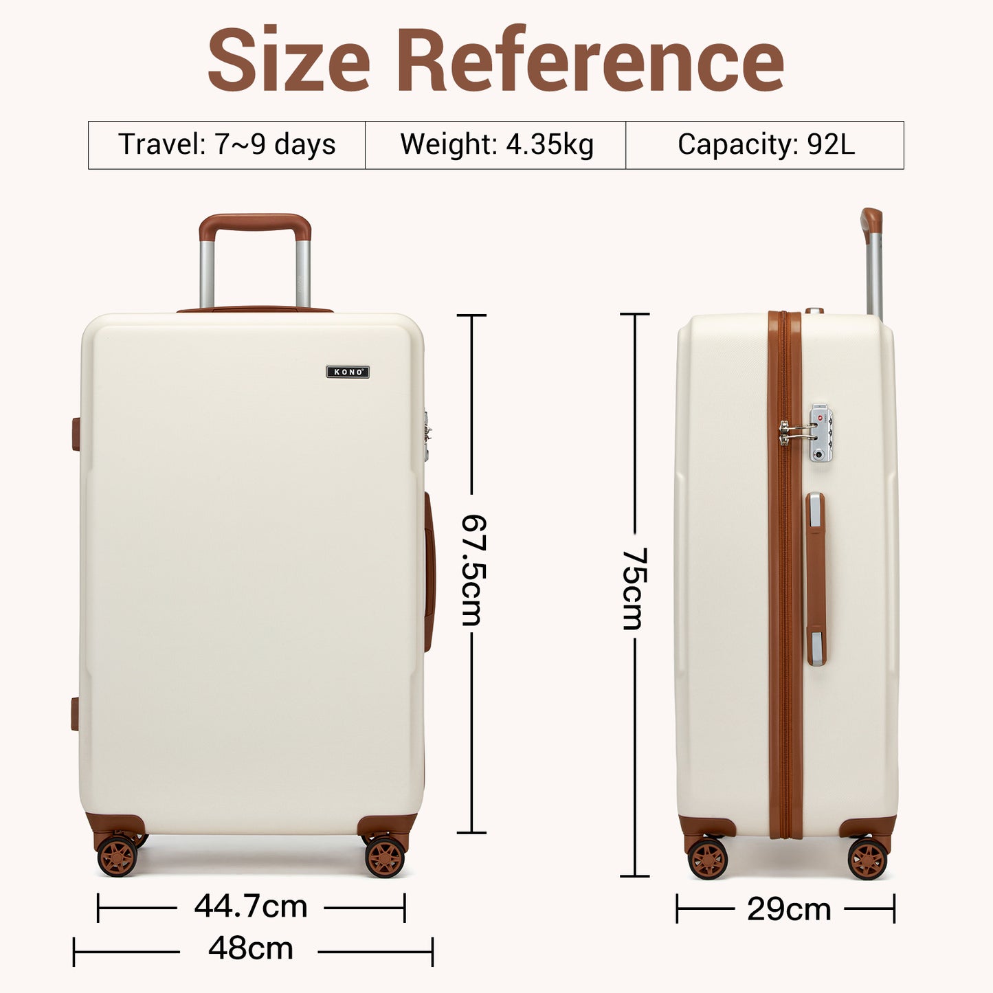 1Pcs di Valigia Kono da 20/24/28 pollici in Crema e Marrone, Bagaglio a Mano Piccolo in PC + ABS con Guscio Rigido Leggero e Durevole, con Doppie Ruote Girevoli, Serratura di Sicurezza TSA, Regalo per le Vacanze di Ritorno a Scuola, Manico Telescopico, Ru