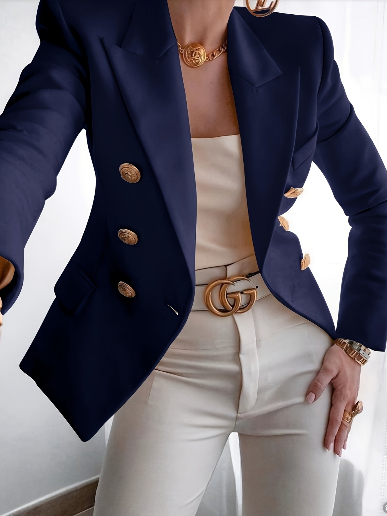 Women'S Blazer - Elegant Double-Breasted Jacket with Structured H-Silhouette, Long Sleeve Office & Party Coat for Women, Chic Professional Outerwear - Formal & Everyday Blazer, Spring Fashion, Classic Lapel Collar, Polished Finish, Stylish Coat, Working W