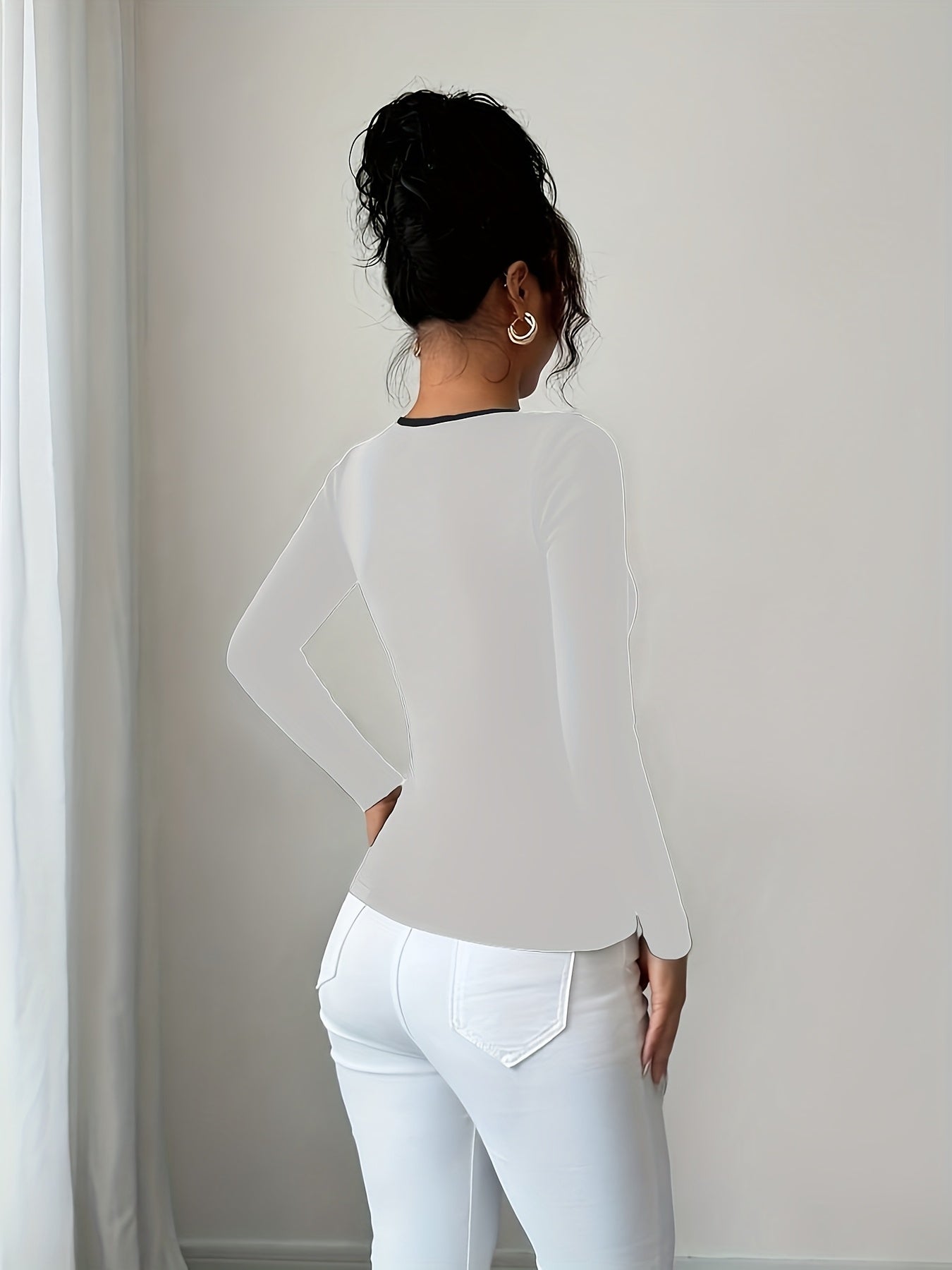 Women's Elegant Black & White Contrast Long Sleeve T-Shirt with Round Neck & Decorative Collar - Mid-Stretch Office to Casual Top, Faux Pocket Design, Spring/Fall Wardrobe Essential (Hand Washable, Non-See-Through)