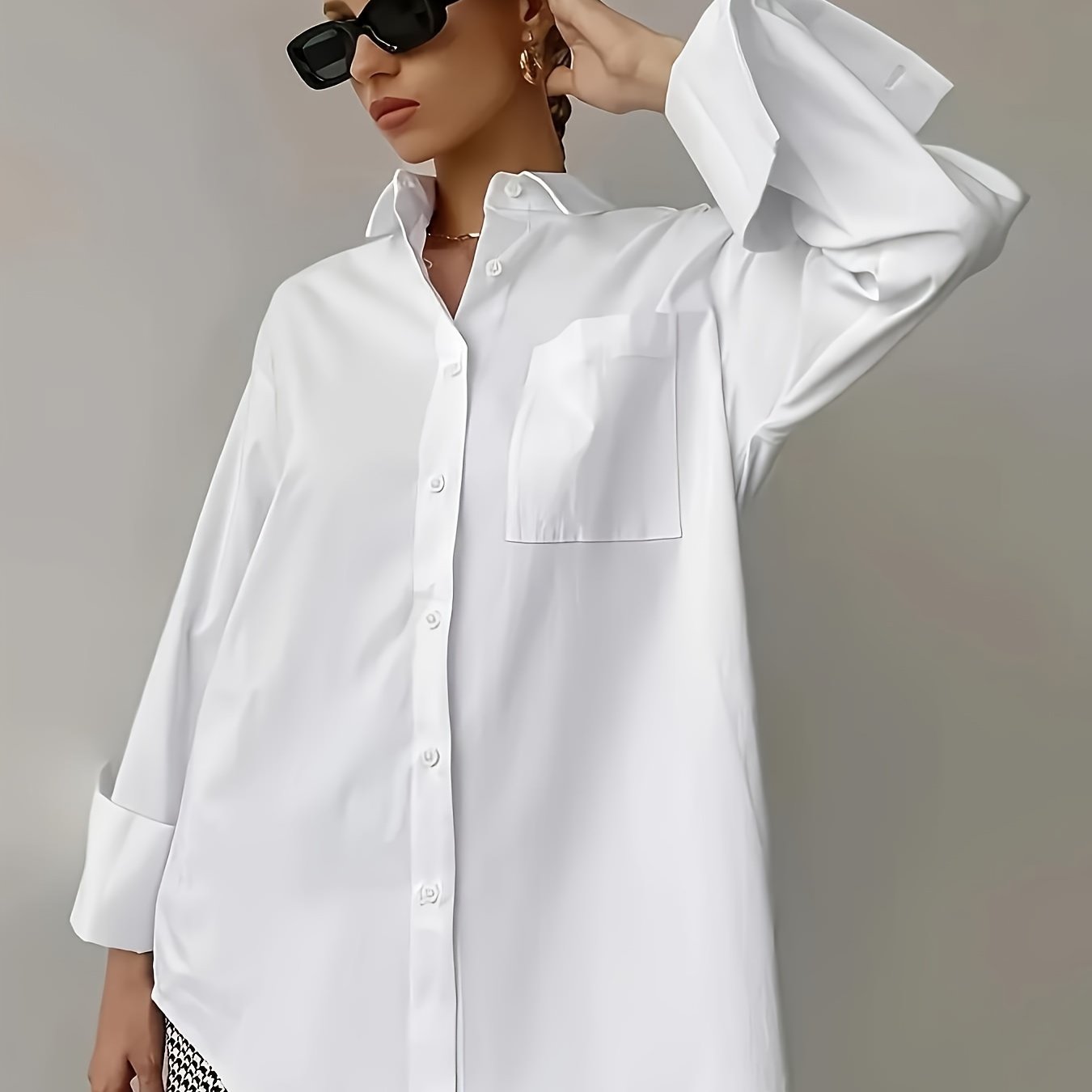 Stile Senza Sforzo, Camicia Bianca Elegante da Donna con Tasca - Manica Lunga, Colletto con Bottoni, Poliestere Non Elasticizzato - Lavabile in Lavatrice