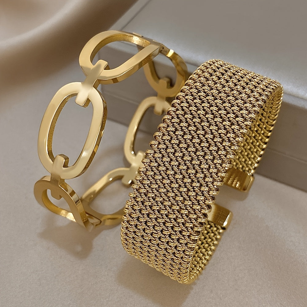 Set di 2 braccialetti eleganti in acciaio inossidabile 304 - Design di anello a vuoto chic, finitura dorata, regalo perfetto per la famiglia, gli amici e le persone care, ideale per abbigliamento casual o occasioni speciali, set di braccialetti|Braccialet