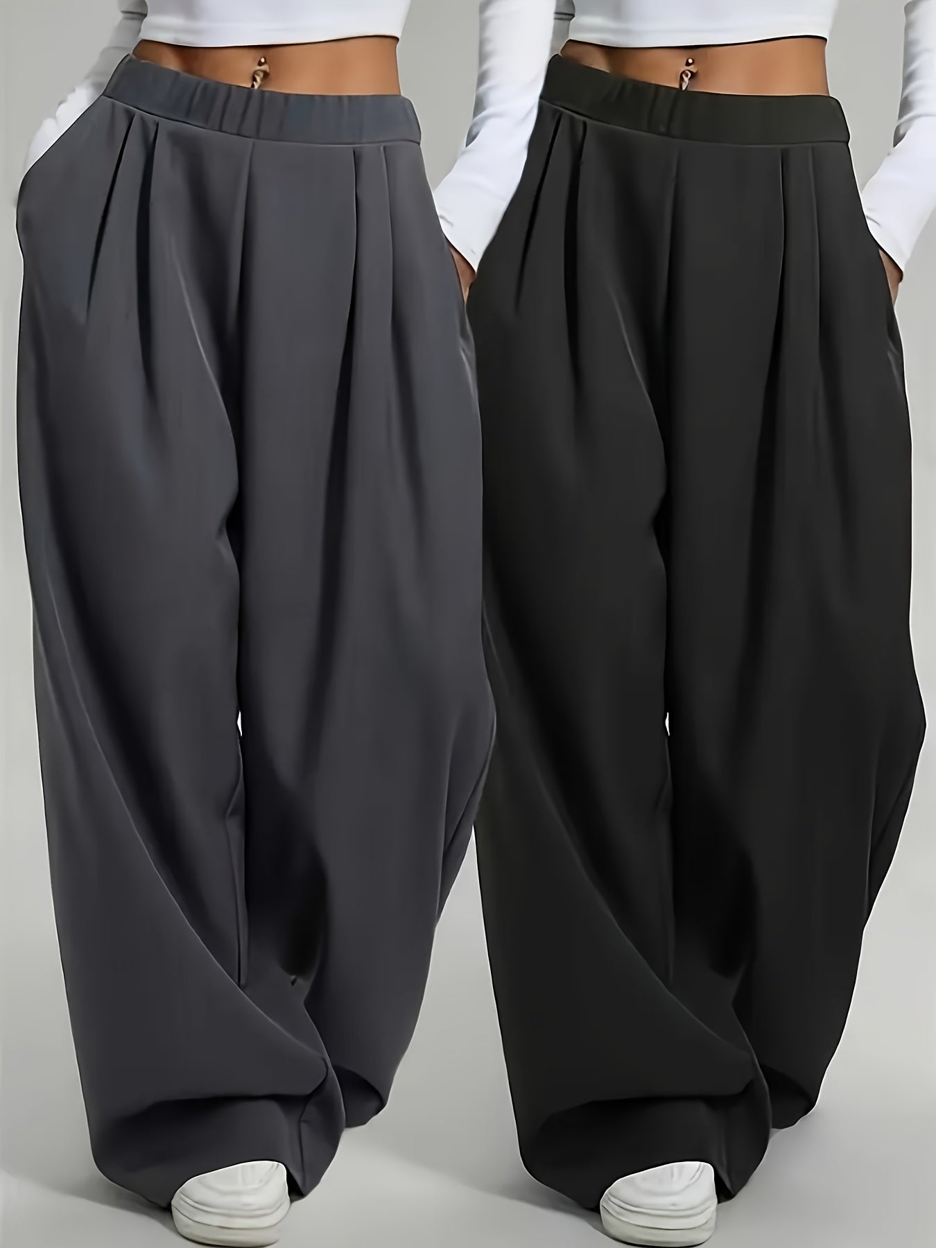 2 pezzi Pantaloni da donna eleganti a gamba larga tinta unita - Pantaloni ampi per tutte le stagioni con tasche, tinta unita e blu navy, abbigliamento casual e formale per tutte le stagioni