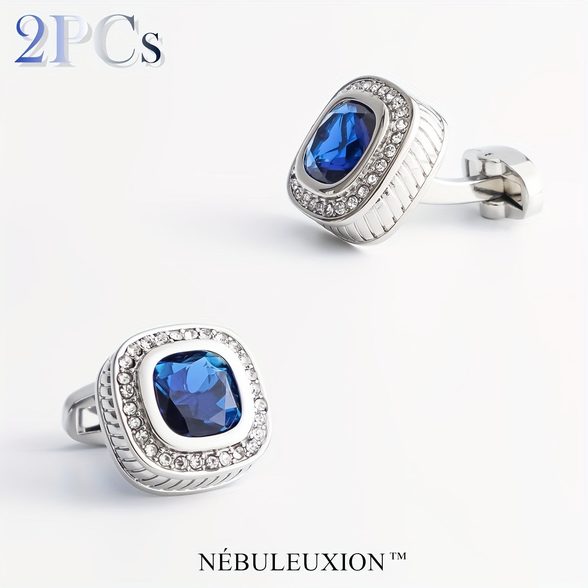 Set di 2 Gemelli NÉBULEUXION Premium Argento con Gemma Blu & Halo di Cristallo - Gemelli Francés Glamour per Matrimoni, Banchetti, Cerimonie, Affari | Regalo Ideale