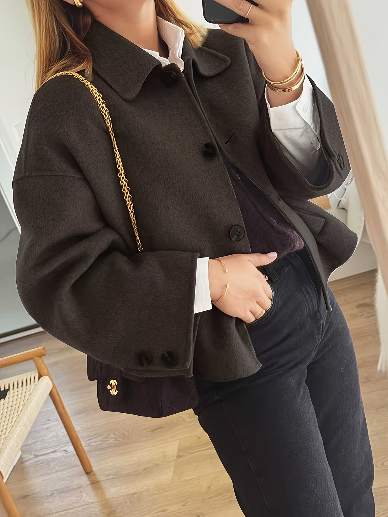 ZD0622917 Giacca Elegante Donna Marrone - Chiusura a Bottoni Classica, Cappotto Sartoriale in H-Shape Strutturato per Ufficio ed Eventi Casual e Formali - Design Stratificato Stagionale con Collo Vintage, Finitura Lucida, Tessuto di Alta Qualità, Abbiglia